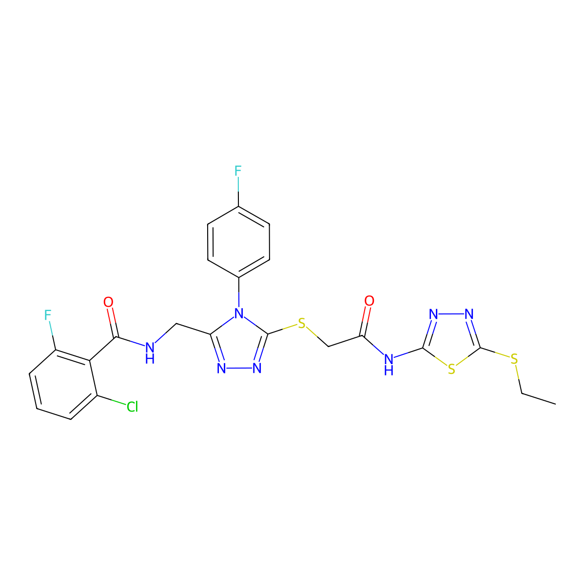 2-chloro-N-((5-((2-((5-(ethylthio)-1,3,4-thiadiazol-2-yl)amino)-2-oxoethyl)thio)-4-(4-fluorophenyl)-4H-1,2,4-triazol-3-yl)methyl)-6-fluorobenzamide molecular structure, CAS 393872-18-9