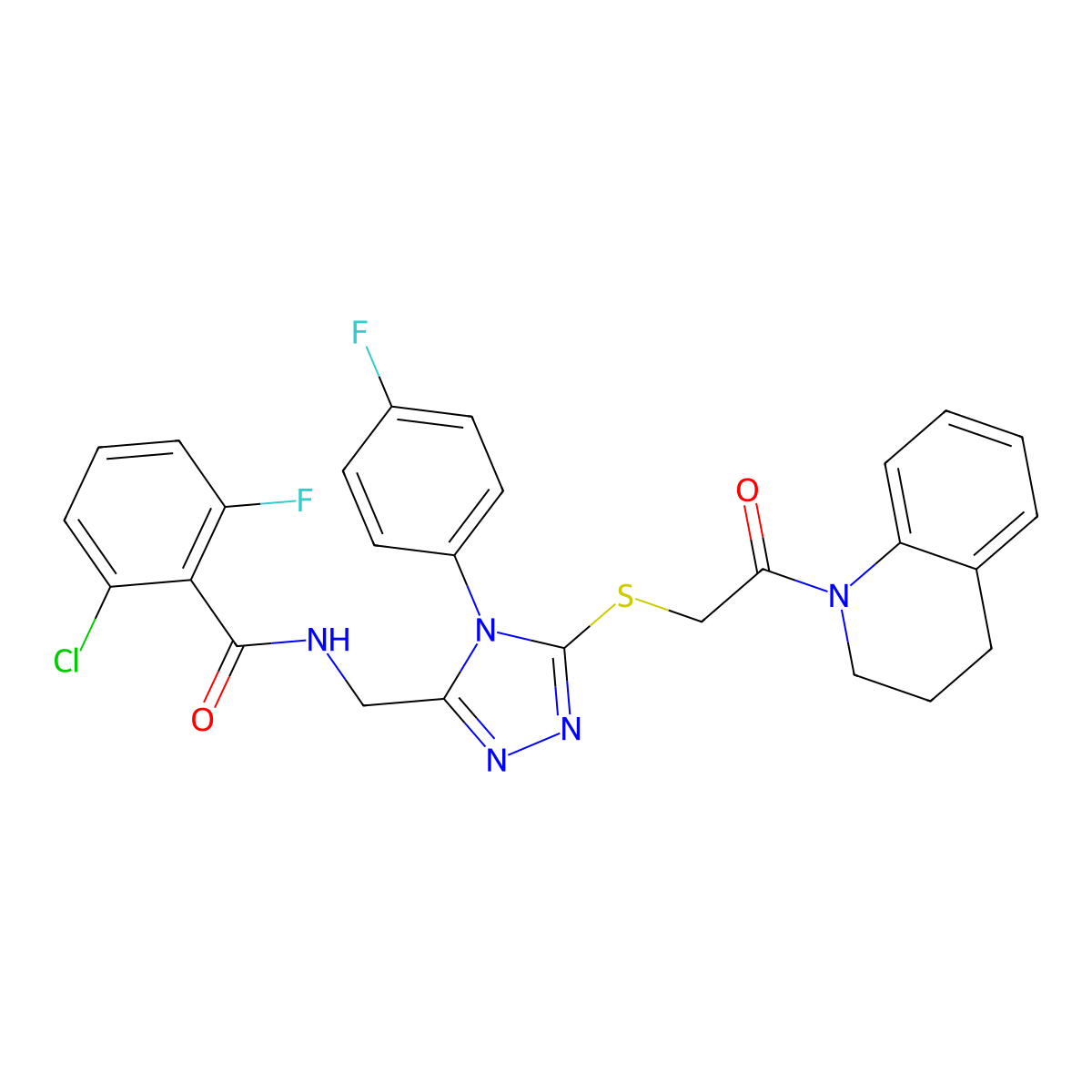 2-chloro-N-[[5-[2-(3,4-dihydro-2H-quinolin-1-yl)-2-oxoethyl]sulfanyl-4-(4-fluorophenyl)-1,2,4-triazol-3-yl]methyl]-6-fluorobenzamide molecular structure, CAS 393872-20-3
