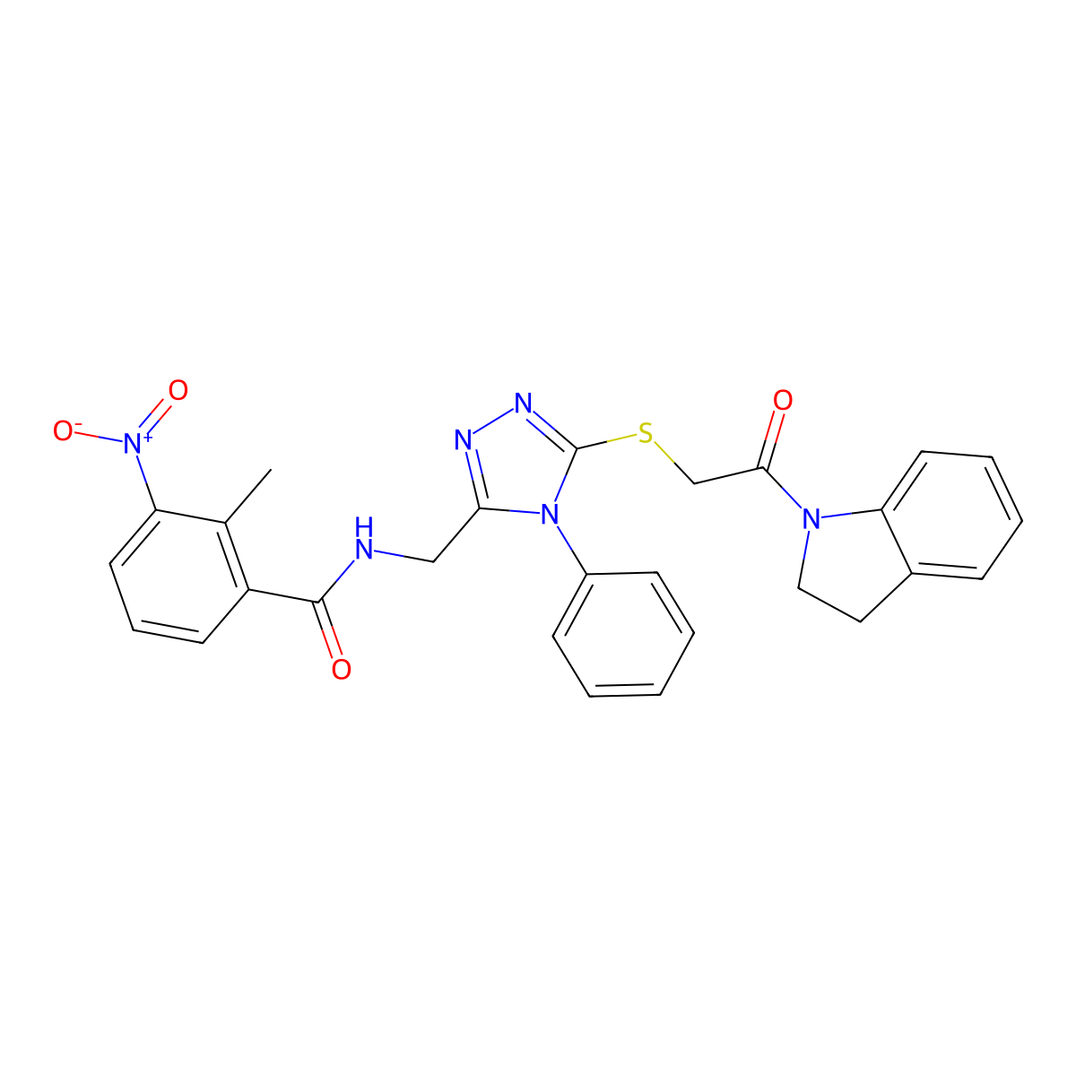 N-((5-((2-(indolin-1-yl)-2-oxoethyl)thio)-4-phenyl-4H-1,2,4-triazol-3-yl)methyl)-2-methyl-3-nitrobenzamide molecular structure, CAS 393872-52-1