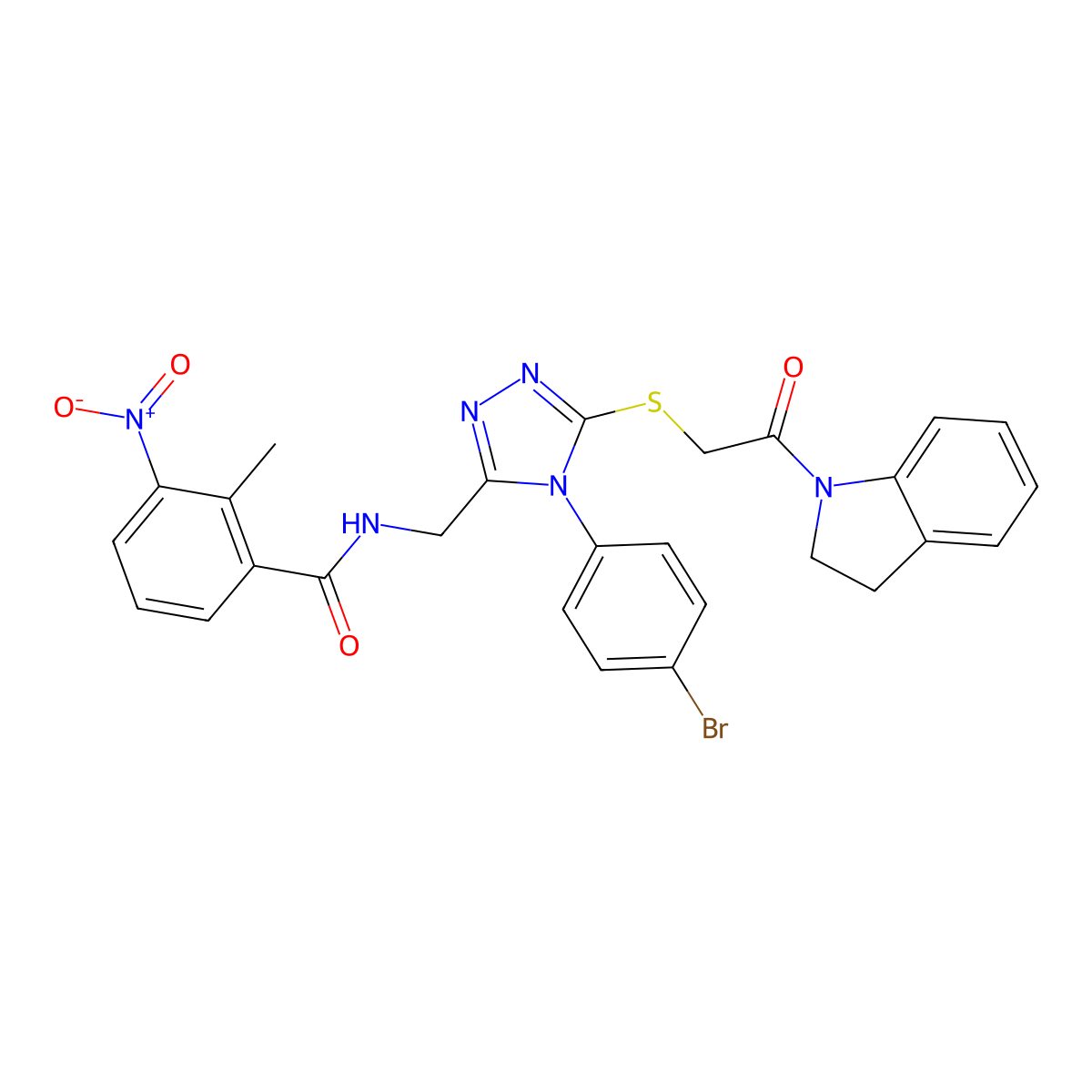 N-((4-(4-bromophenyl)-5-((2-(indolin-1-yl)-2-oxoethyl)thio)-4H-1,2,4-triazol-3-yl)methyl)-2-methyl-3-nitrobenzamide molecular structure, CAS 393872-76-9
