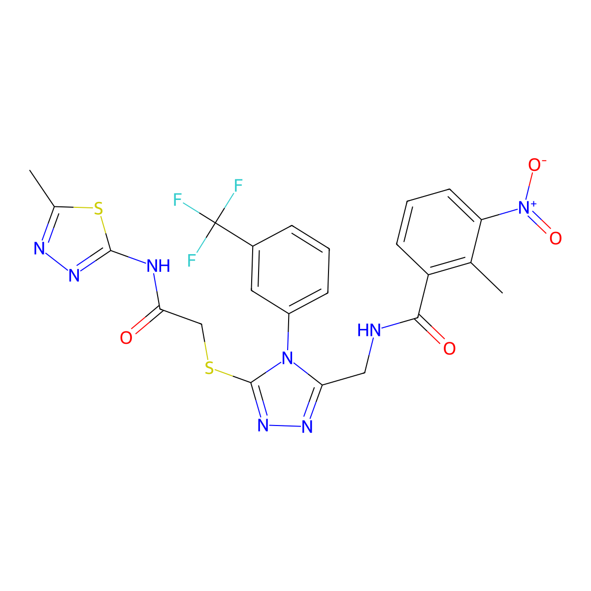 2-methyl-N-((5-((2-((5-methyl-1,3,4-thiadiazol-2-yl)amino)-2-oxoethyl)thio)-4-(3-(trifluoromethyl)phenyl)-4H-1,2,4-triazol-3-yl)methyl)-3-nitrobenzamide molecular structure, CAS 393873-08-0