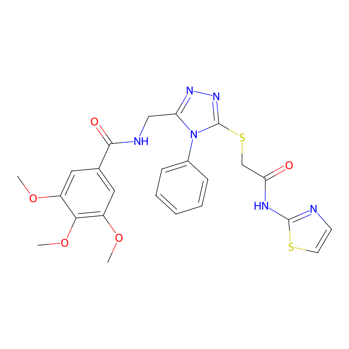 3,4,5-trimethoxy-N-((5-((2-oxo-2-(thiazol-2-ylamino)ethyl)thio)-4-phenyl-4H-1,2,4-triazol-3-yl)methyl)benzamide molecular structure, CAS 393873-19-3
