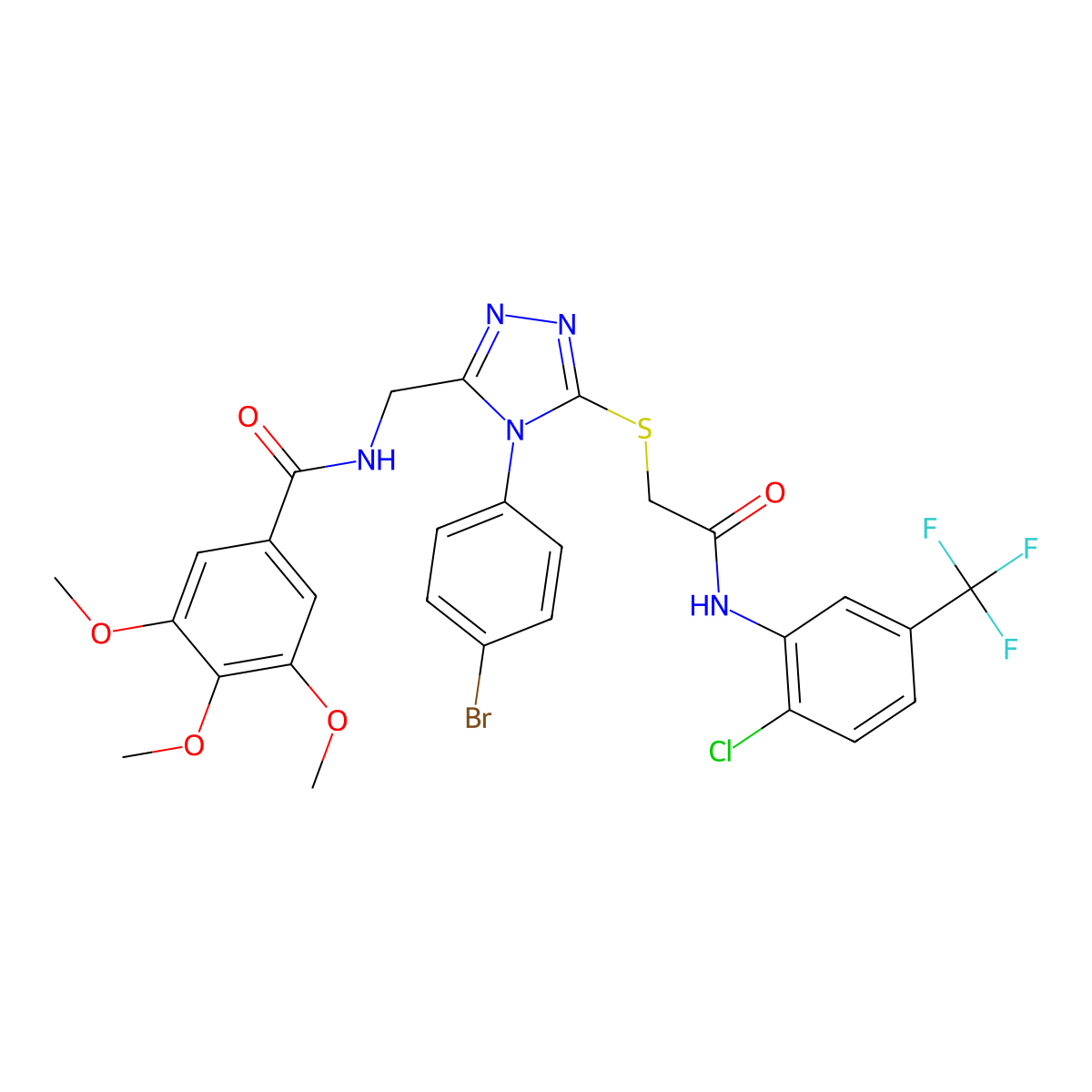 N-((4-(4-bromophenyl)-5-((2-((2-chloro-5-(trifluoromethyl)phenyl)amino)-2-oxoethyl)thio)-4H-1,2,4-triazol-3-yl)methyl)-3,4,5-trimethoxybenzamide molecular structure, CAS 393873-35-3