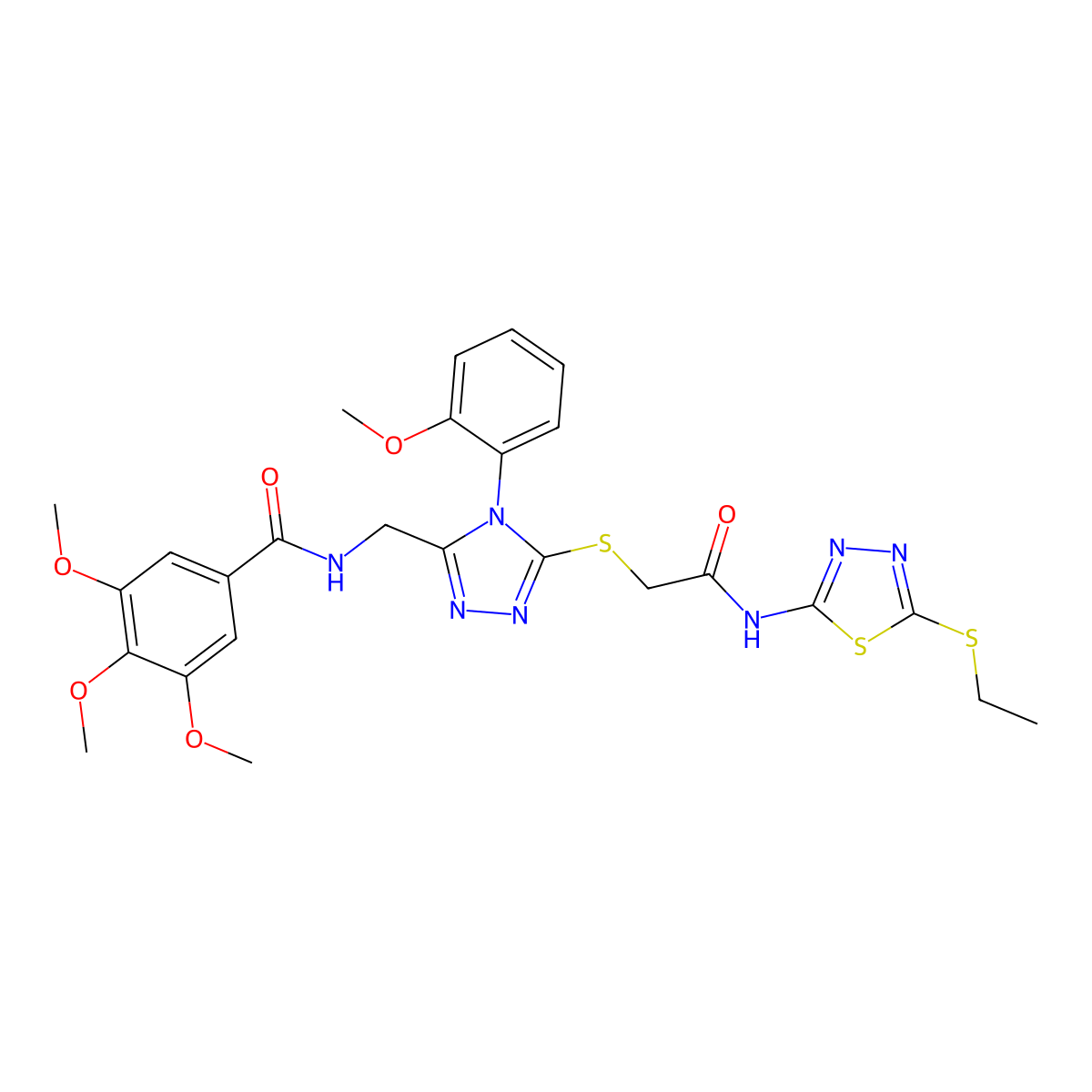 N-[[5-[2-[(5-ethylsulfanyl-1,3,4-thiadiazol-2-yl)amino]-2-oxoethyl]sulfanyl-4-(2-methoxyphenyl)-1,2,4-triazol-3-yl]methyl]-3,4,5-trimethoxybenzamide molecular structure, CAS 393873-62-6