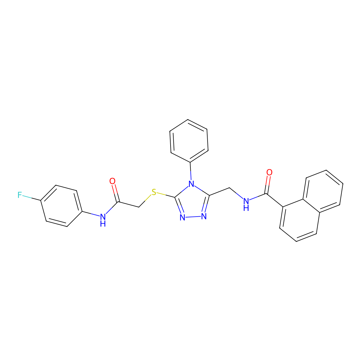 N-((5-((2-((4-fluorophenyl)amino)-2-oxoethyl)thio)-4-phenyl-4H-1,2,4-triazol-3-yl)methyl)-1-naphthamide molecular structure, CAS 393873-76-2