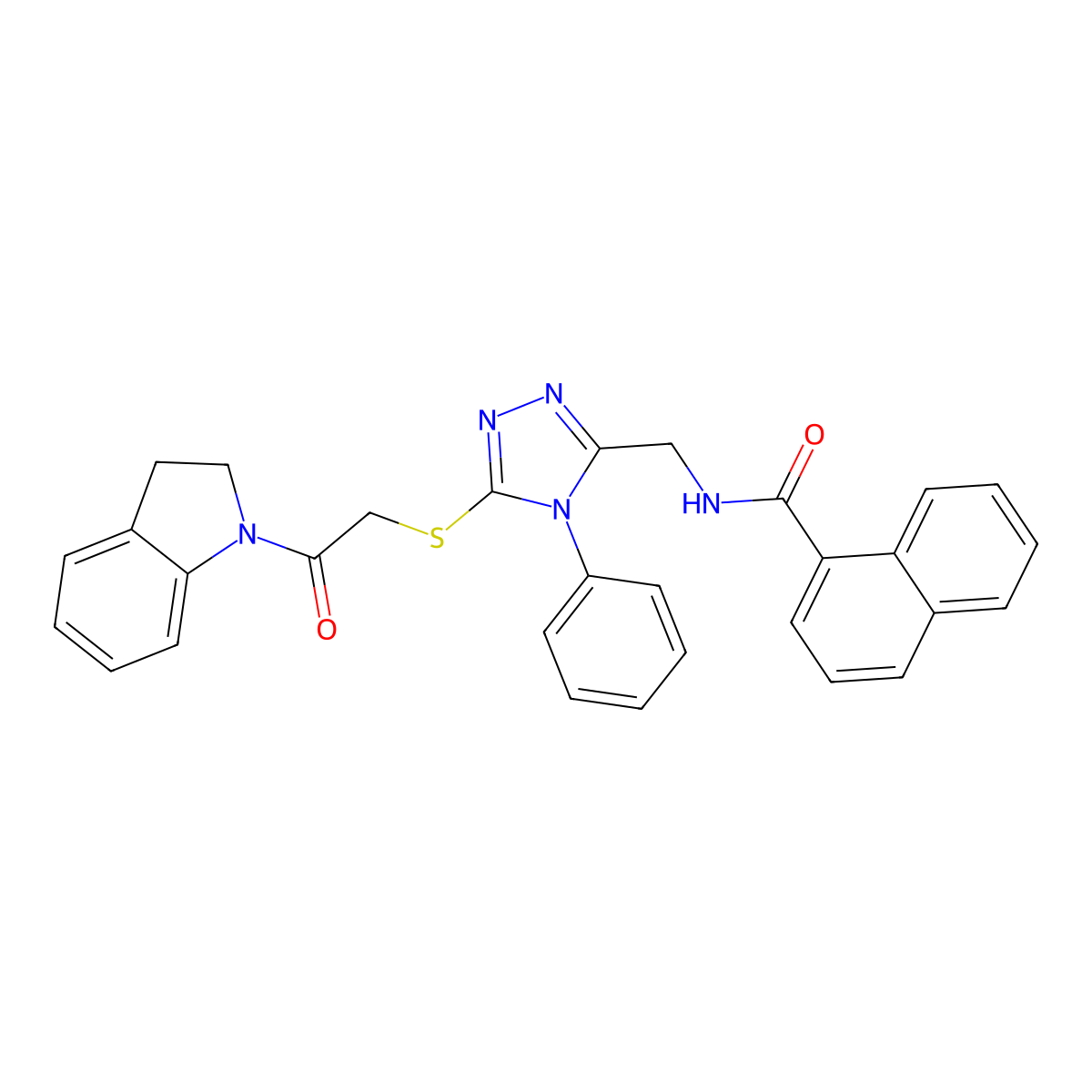 N-((5-((2-(indolin-1-yl)-2-oxoethyl)thio)-4-phenyl-4H-1,2,4-triazol-3-yl)methyl)-1-naphthamide molecular structure, CAS 393873-83-1