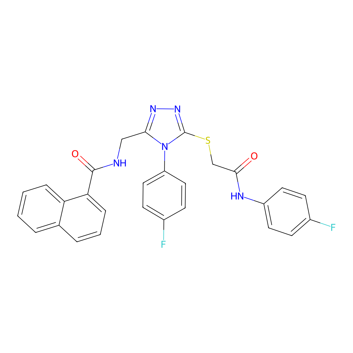 N-[[5-[2-(4-fluoroanilino)-2-oxoethyl]sulfanyl-4-(4-fluorophenyl)-1,2,4-triazol-3-yl]methyl]naphthalene-1-carboxamide molecular structure, CAS 393874-11-8
