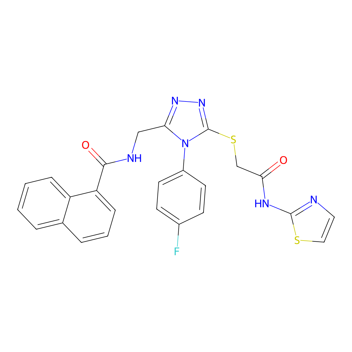 N-((4-(4-fluorophenyl)-5-((2-oxo-2-(thiazol-2-ylamino)ethyl)thio)-4H-1,2,4-triazol-3-yl)methyl)-1-naphthamide molecular structure, CAS 393874-16-3