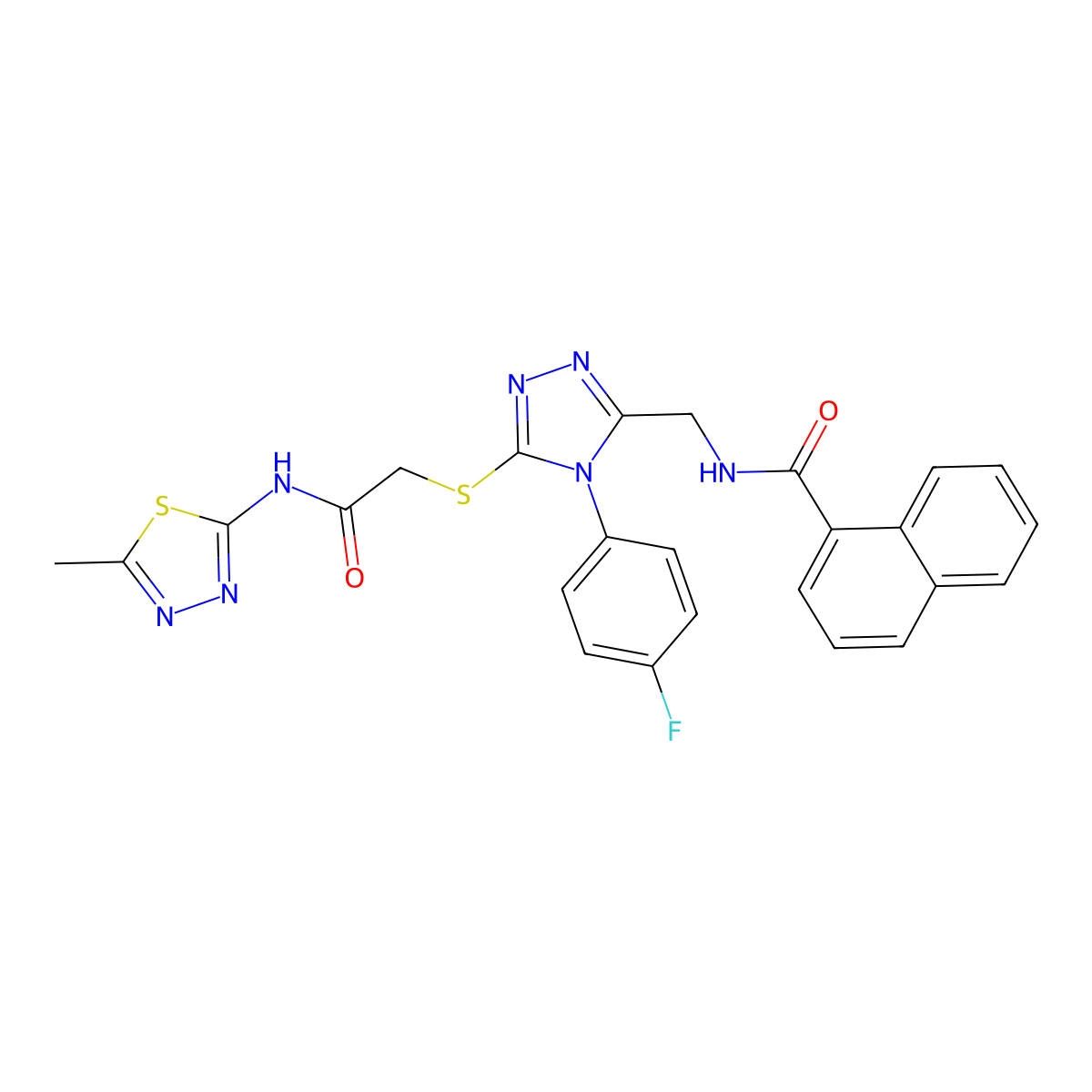 N-((4-(4-fluorophenyl)-5-((2-((5-methyl-1,3,4-thiadiazol-2-yl)amino)-2-oxoethyl)thio)-4H-1,2,4-triazol-3-yl)methyl)-1-naphthamide molecular structure, CAS 393874-17-4