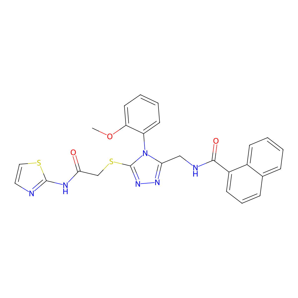 N-((4-(2-methoxyphenyl)-5-((2-oxo-2-(thiazol-2-ylamino)ethyl)thio)-4H-1,2,4-triazol-3-yl)methyl)-1-naphthamide molecular structure, CAS 393874-28-7