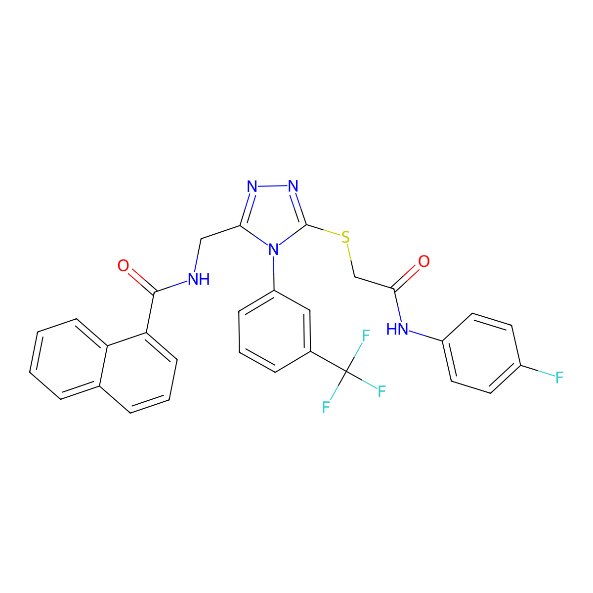 N-[[5-[2-(4-fluoroanilino)-2-oxoethyl]sulfanyl-4-[3-(trifluoromethyl)phenyl]-1,2,4-triazol-3-yl]methyl]naphthalene-1-carboxamide molecular structure, CAS 393874-35-6