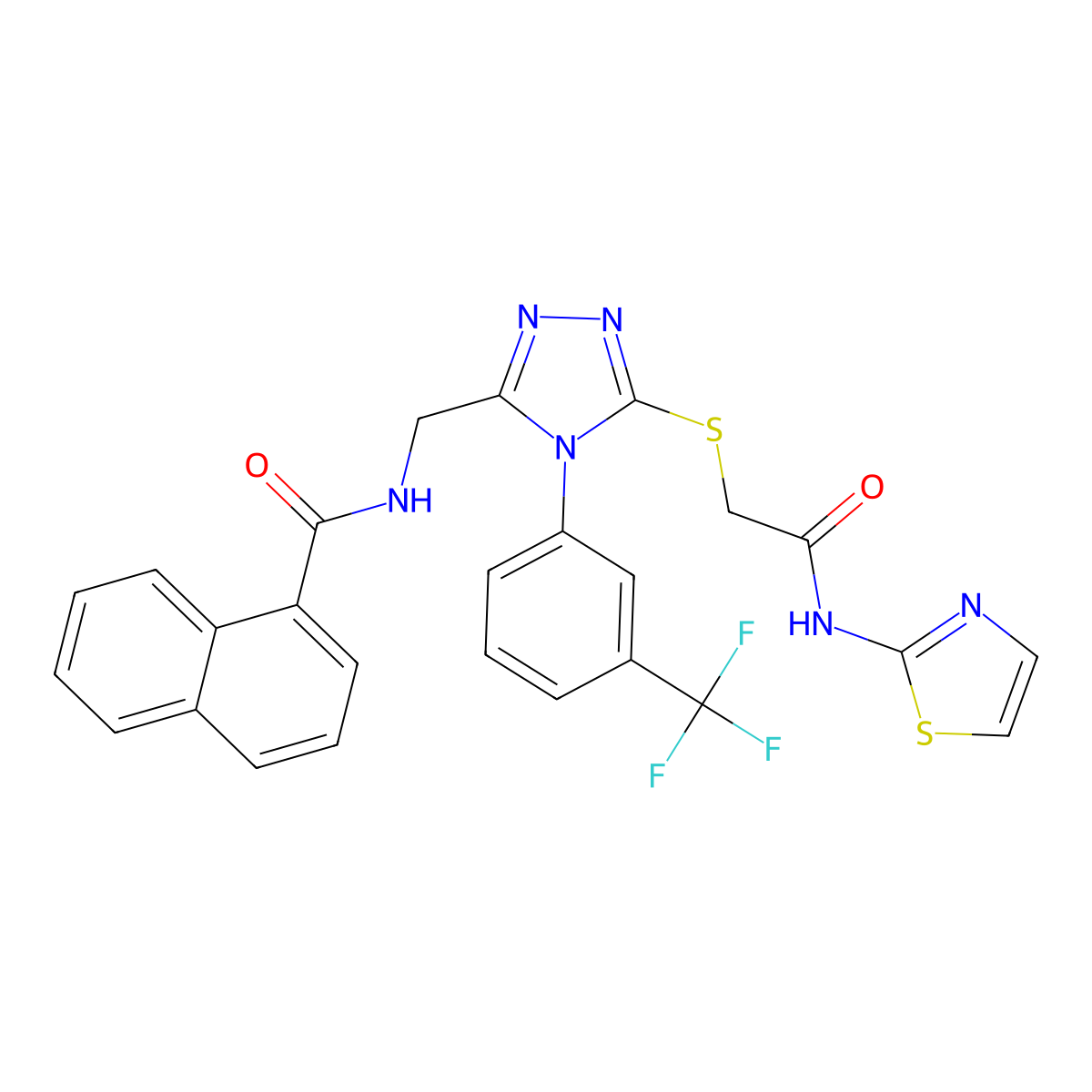 N-[[5-[2-oxo-2-(1,3-thiazol-2-ylamino)ethyl]sulfanyl-4-[3-(trifluoromethyl)phenyl]-1,2,4-triazol-3-yl]methyl]naphthalene-1-carboxamide molecular structure, CAS 393874-40-3