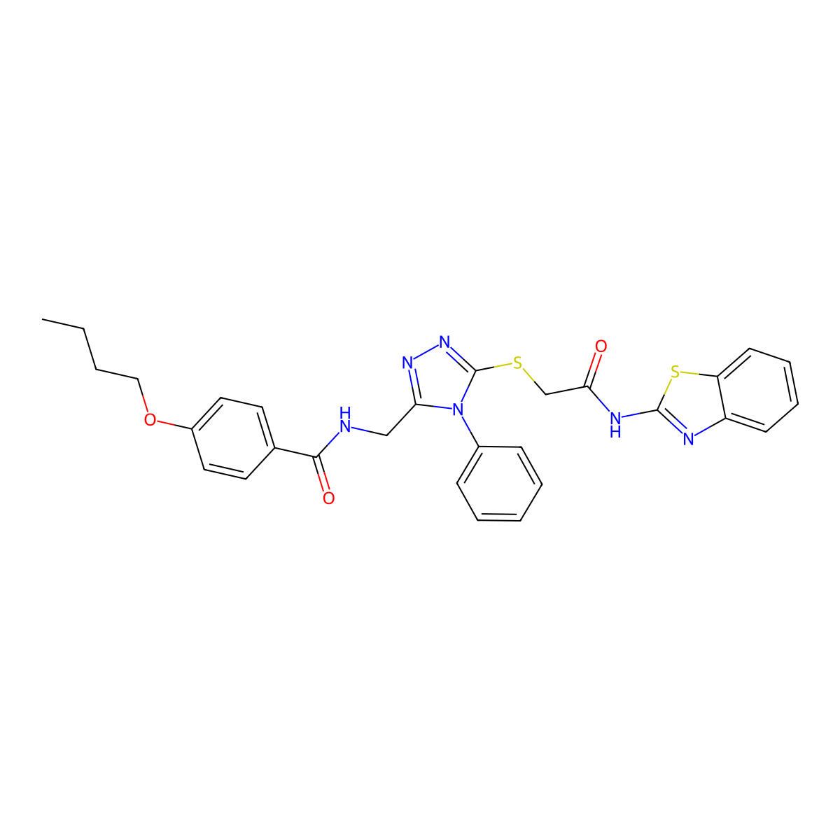 N-((5-((2-(benzo[d]thiazol-2-ylamino)-2-oxoethyl)thio)-4-phenyl-4H-1,2,4-triazol-3-yl)methyl)-4-butoxybenzamide molecular structure, CAS 393874-51-6