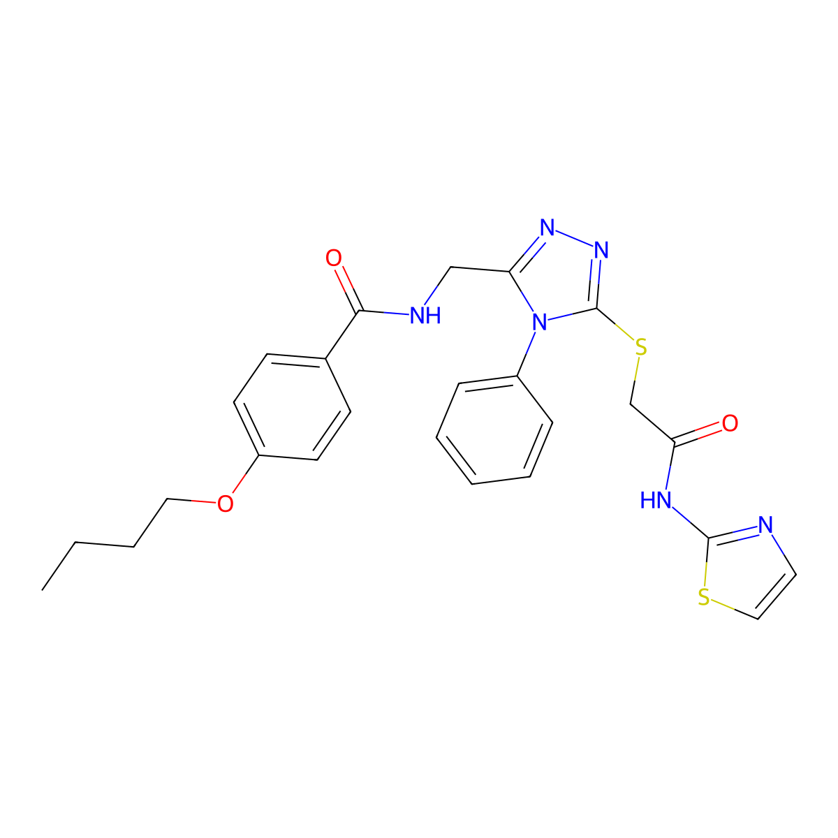 4-butoxy-N-((5-((2-oxo-2-(thiazol-2-ylamino)ethyl)thio)-4-phenyl-4H-1,2,4-triazol-3-yl)methyl)benzamide molecular structure, CAS 393874-52-7