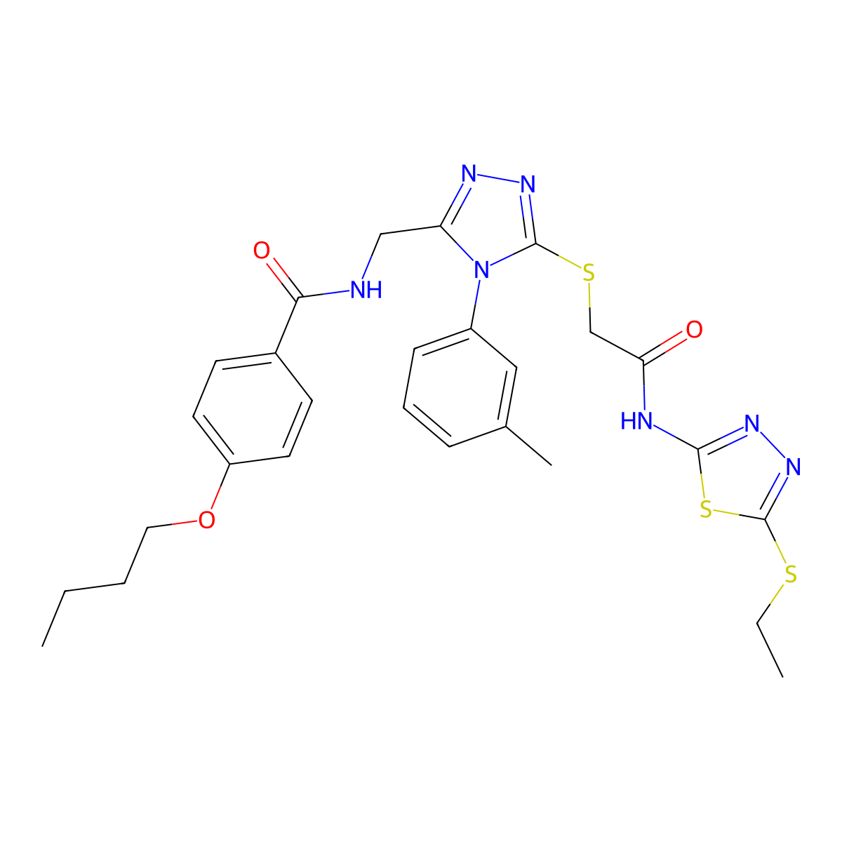 4-butoxy-N-[[5-[2-[(5-ethylsulfanyl-1,3,4-thiadiazol-2-yl)amino]-2-oxoethyl]sulfanyl-4-(3-methylphenyl)-1,2,4-triazol-3-yl]methyl]benzamide molecular structure, CAS 393874-66-3