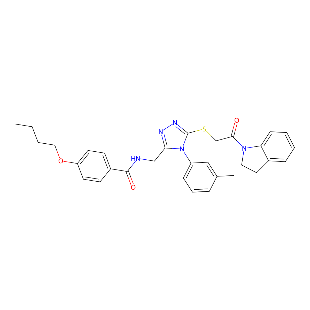 4-butoxy-N-((5-((2-(indolin-1-yl)-2-oxoethyl)thio)-4-(m-tolyl)-4H-1,2,4-triazol-3-yl)methyl)benzamide molecular structure, CAS 393874-67-4