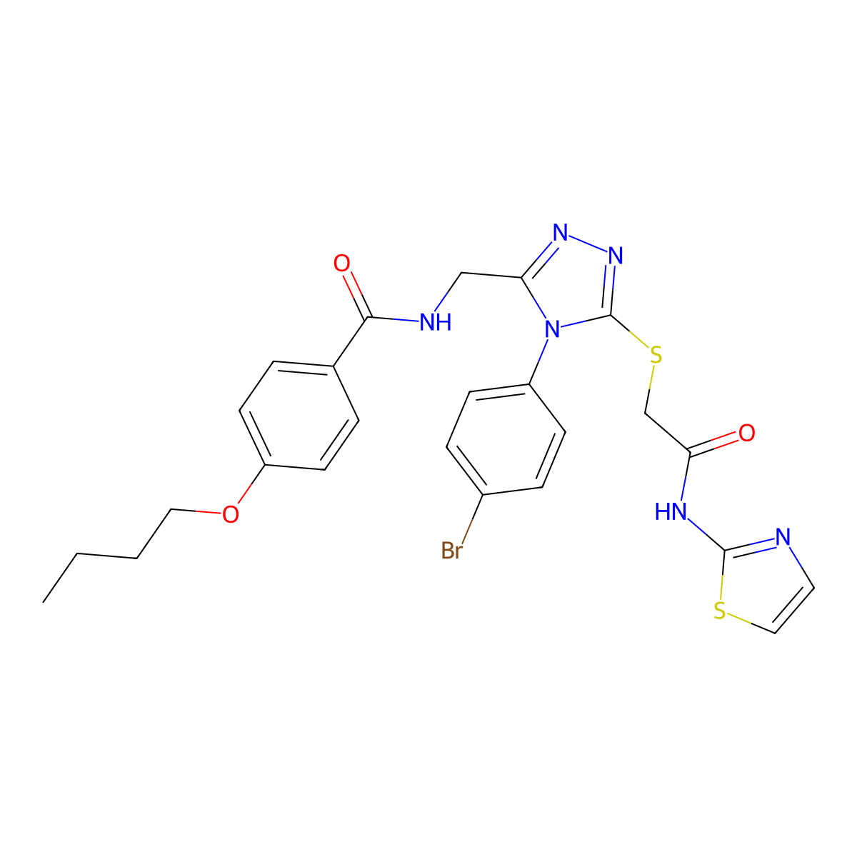 N-((4-(4-bromophenyl)-5-((2-oxo-2-(thiazol-2-ylamino)ethyl)thio)-4H-1,2,4-triazol-3-yl)methyl)-4-butoxybenzamide molecular structure, CAS 393874-76-5