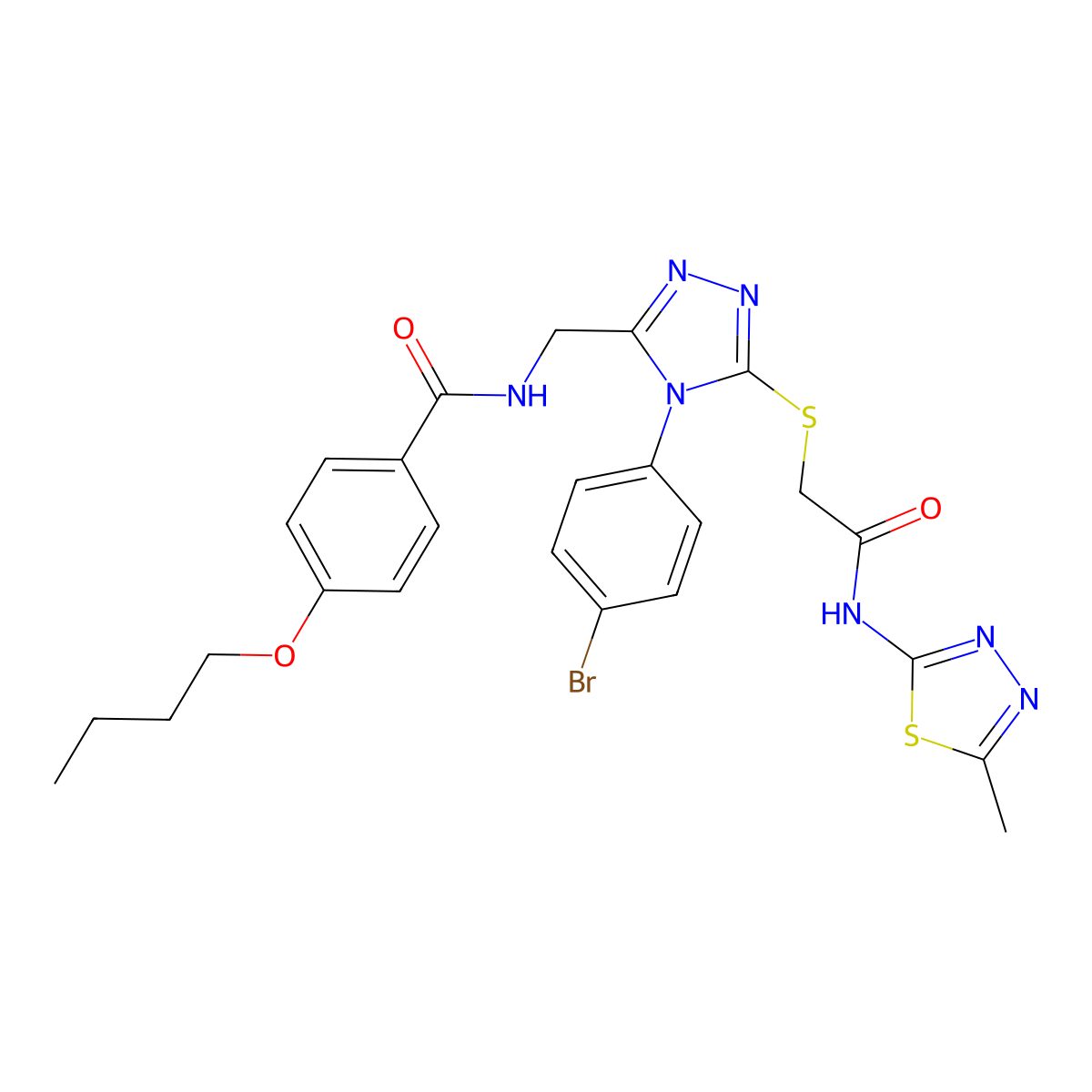 N-((4-(4-bromophenyl)-5-((2-((5-methyl-1,3,4-thiadiazol-2-yl)amino)-2-oxoethyl)thio)-4H-1,2,4-triazol-3-yl)methyl)-4-butoxybenzamide molecular structure, CAS 393874-77-6