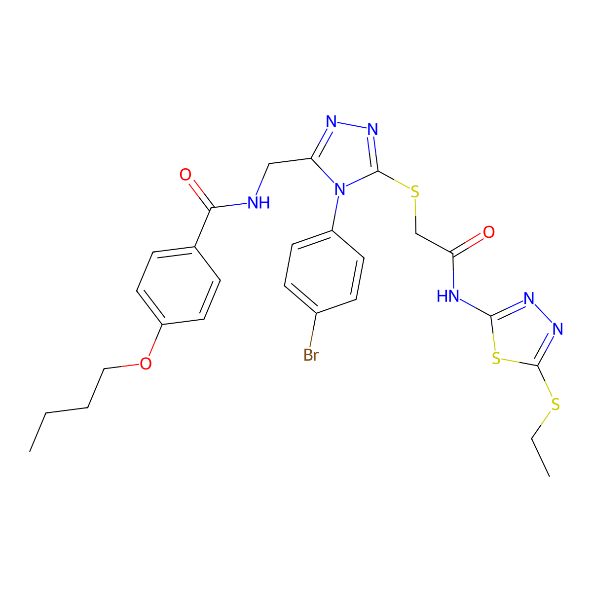 N-[[4-(4-bromophenyl)-5-[2-[(5-ethylsulfanyl-1,3,4-thiadiazol-2-yl)amino]-2-oxoethyl]sulfanyl-1,2,4-triazol-3-yl]methyl]-4-butoxybenzamide molecular structure, CAS 393874-78-7
