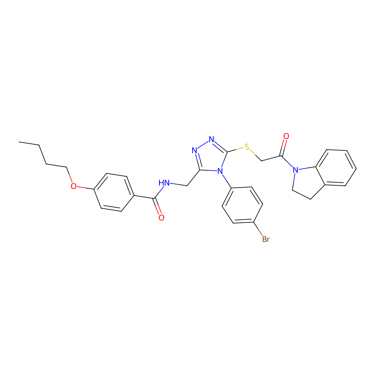 N-[[4-(4-bromophenyl)-5-[2-(2,3-dihydroindol-1-yl)-2-oxoethyl]sulfanyl-1,2,4-triazol-3-yl]methyl]-4-butoxybenzamide molecular structure, CAS 393874-79-8