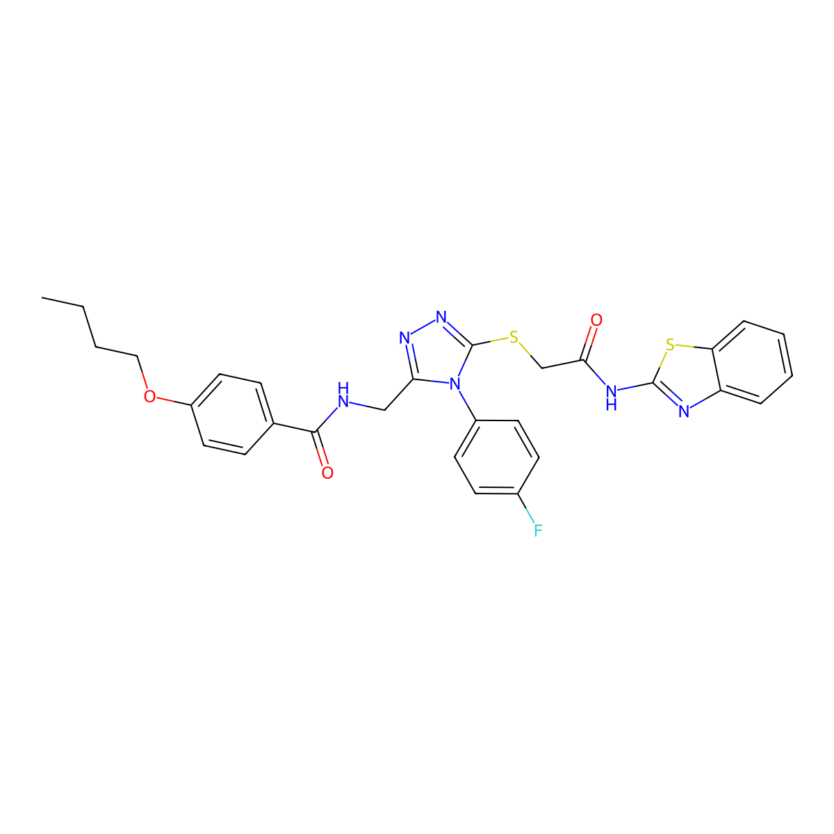 N-((5-((2-(benzo[d]thiazol-2-ylamino)-2-oxoethyl)thio)-4-(4-fluorophenyl)-4H-1,2,4-triazol-3-yl)methyl)-4-butoxybenzamide molecular structure, CAS 393874-87-8