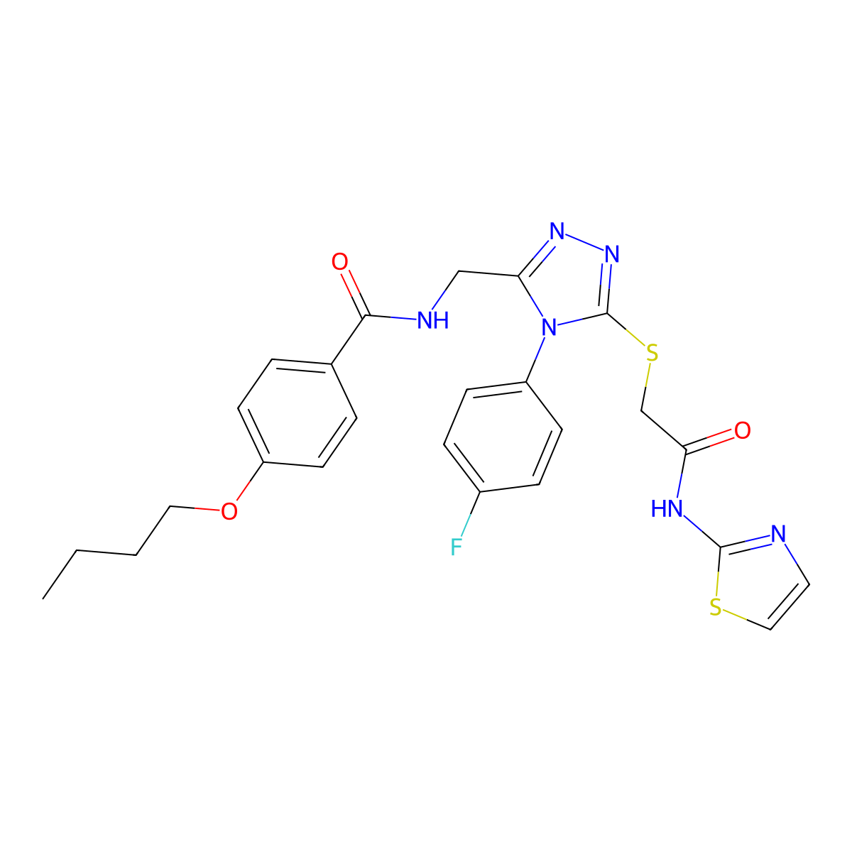 4-butoxy-N-((4-(4-fluorophenyl)-5-((2-oxo-2-(thiazol-2-ylamino)ethyl)thio)-4H-1,2,4-triazol-3-yl)methyl)benzamide molecular structure, CAS 393874-88-9