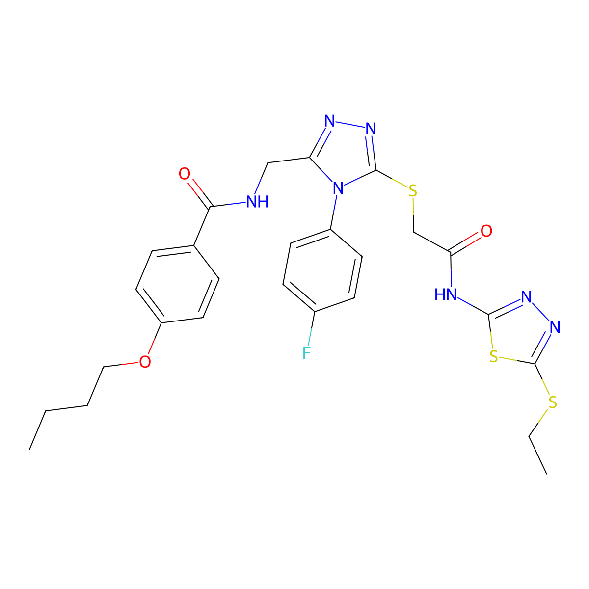 4-butoxy-N-((5-((2-((5-(ethylthio)-1,3,4-thiadiazol-2-yl)amino)-2-oxoethyl)thio)-4-(4-fluorophenyl)-4H-1,2,4-triazol-3-yl)methyl)benzamide molecular structure, CAS 393874-89-0