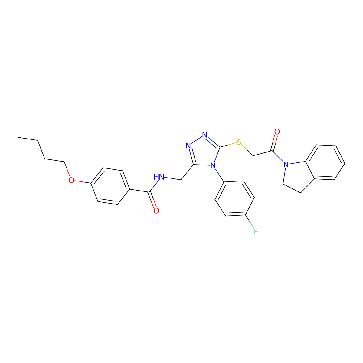 4-butoxy-N-((4-(4-fluorophenyl)-5-((2-(indolin-1-yl)-2-oxoethyl)thio)-4H-1,2,4-triazol-3-yl)methyl)benzamide molecular structure, CAS 393874-90-3