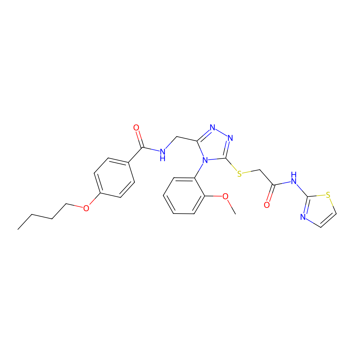 4-butoxy-N-((4-(2-methoxyphenyl)-5-((2-oxo-2-(thiazol-2-ylamino)ethyl)thio)-4H-1,2,4-triazol-3-yl)methyl)benzamide molecular structure, CAS 393874-99-2