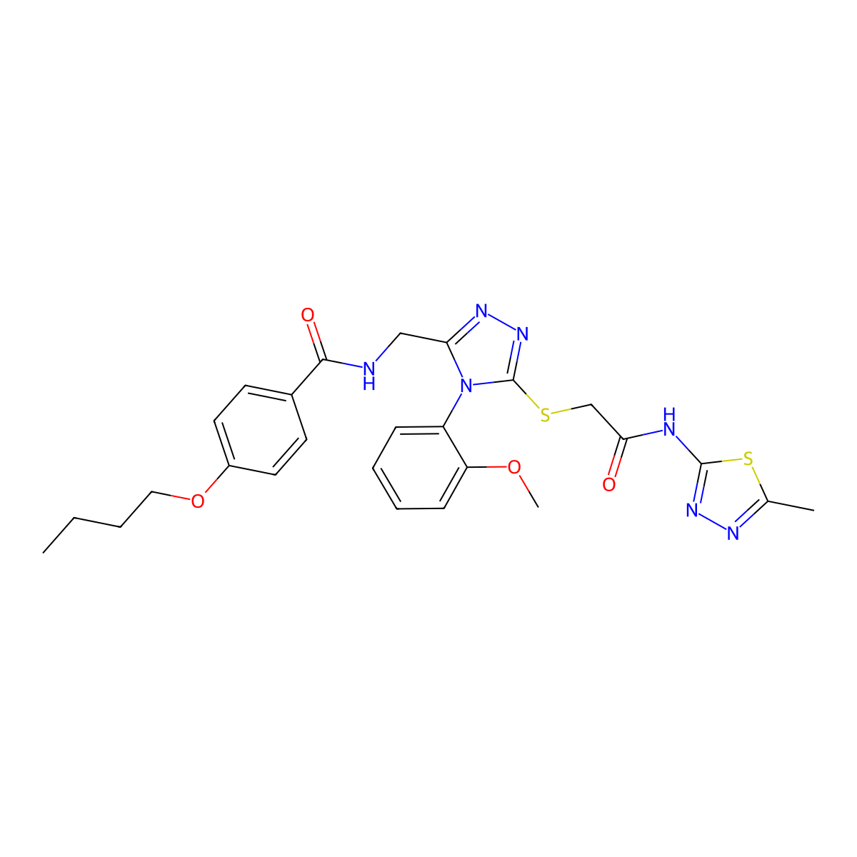 4-butoxy-N-[[4-(2-methoxyphenyl)-5-[2-[(5-methyl-1,3,4-thiadiazol-2-yl)amino]-2-oxoethyl]sulfanyl-1,2,4-triazol-3-yl]methyl]benzamide molecular structure, CAS 393875-00-8