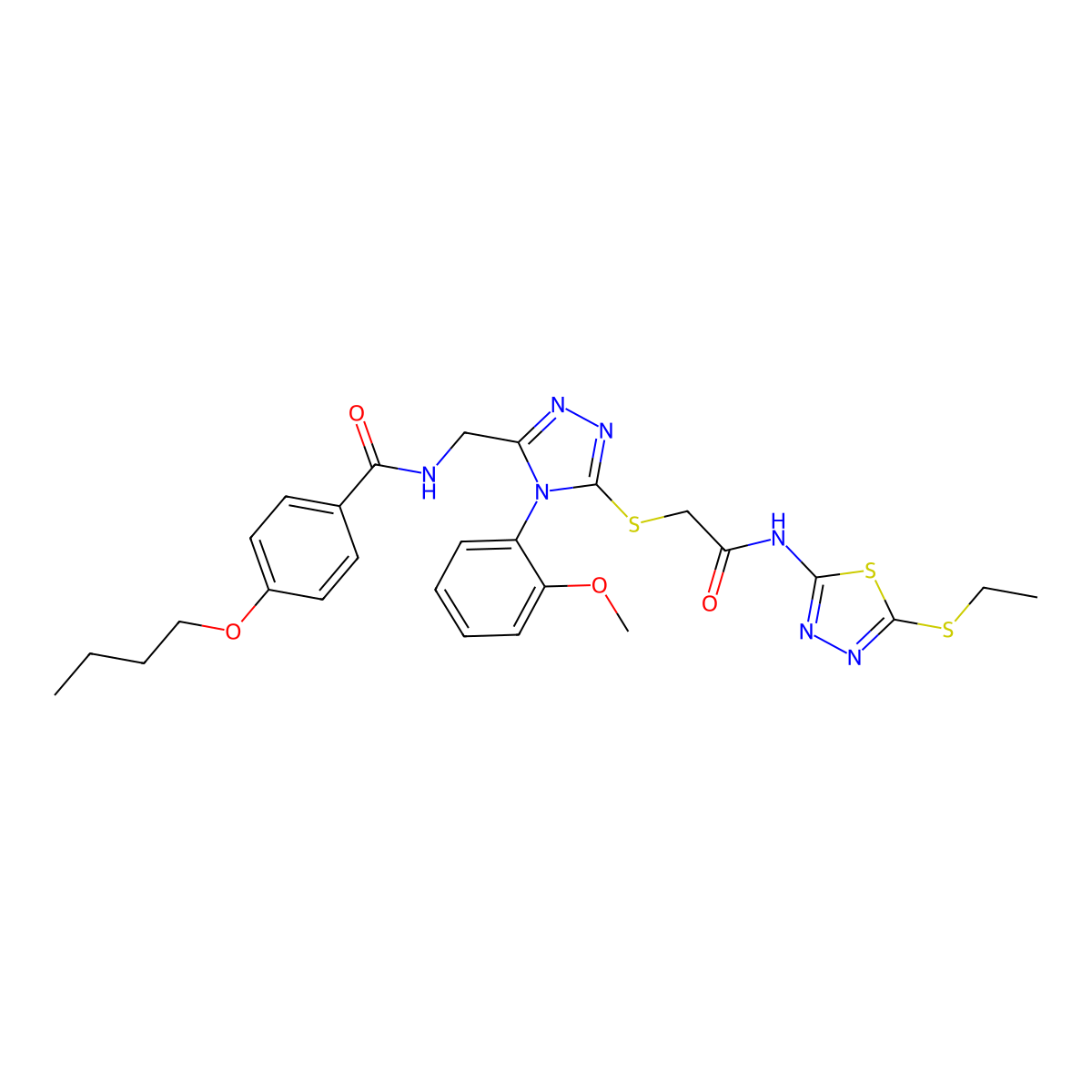 4-butoxy-N-((5-((2-((5-(ethylthio)-1,3,4-thiadiazol-2-yl)amino)-2-oxoethyl)thio)-4-(2-methoxyphenyl)-4H-1,2,4-triazol-3-yl)methyl)benzamide molecular structure, CAS 393875-01-9