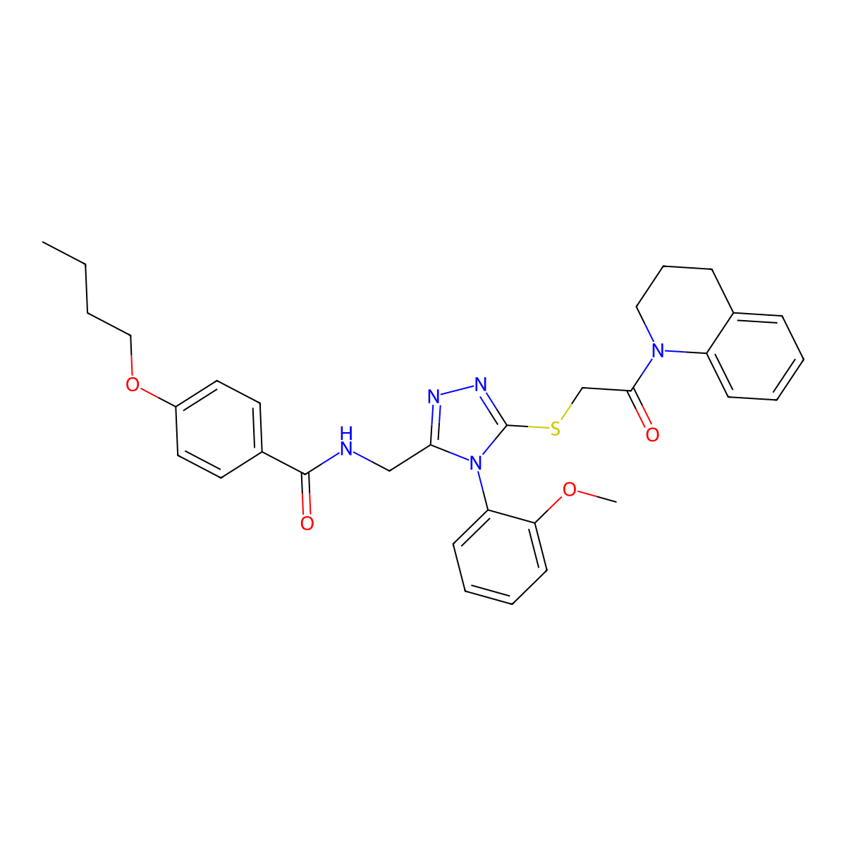 4-butoxy-N-((5-((2-(3,4-dihydroquinolin-1(2H)-yl)-2-oxoethyl)thio)-4-(2-methoxyphenyl)-4H-1,2,4-triazol-3-yl)methyl)benzamide molecular structure, CAS 393875-02-0