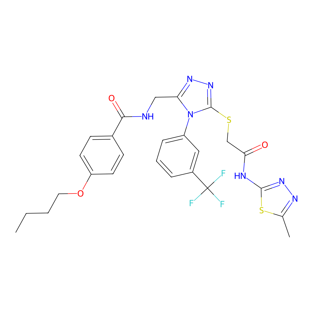 4-butoxy-N-((5-((2-((5-methyl-1,3,4-thiadiazol-2-yl)amino)-2-oxoethyl)thio)-4-(3-(trifluoromethyl)phenyl)-4H-1,2,4-triazol-3-yl)methyl)benzamide molecular structure, CAS 393875-10-0