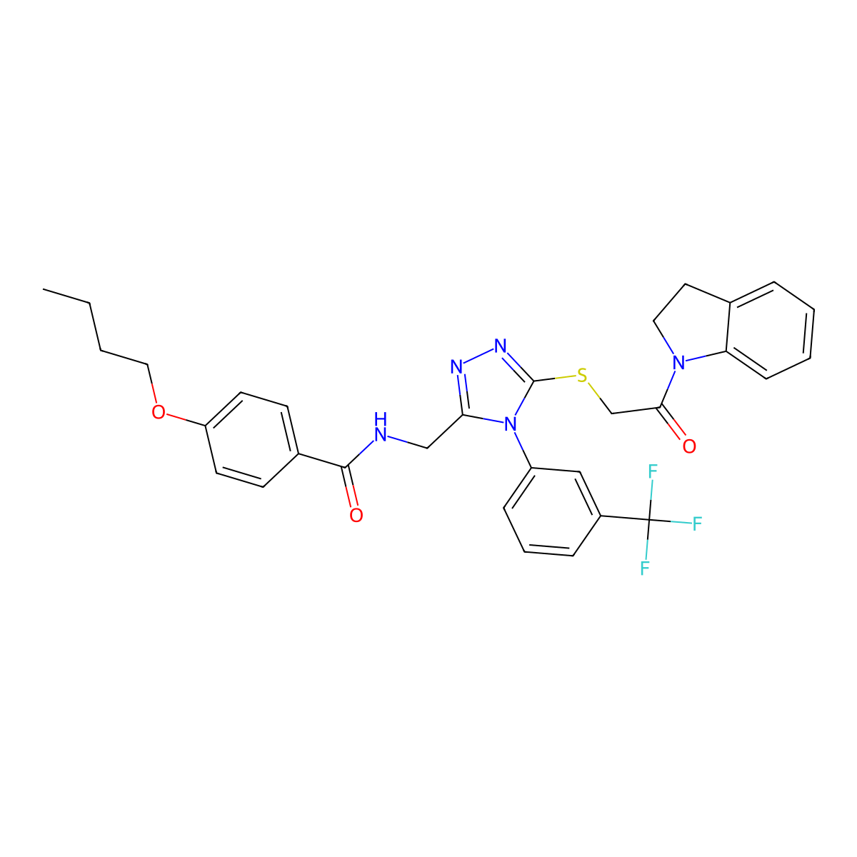 4-butoxy-N-((5-((2-(indolin-1-yl)-2-oxoethyl)thio)-4-(3-(trifluoromethyl)phenyl)-4H-1,2,4-triazol-3-yl)methyl)benzamide molecular structure, CAS 393875-12-2