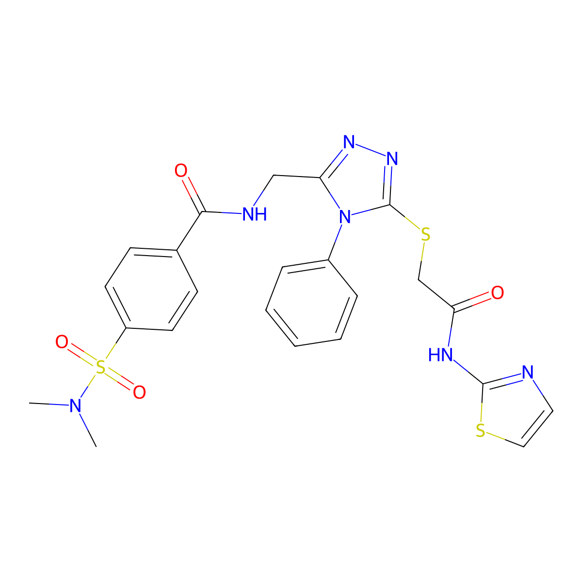 4-(N,N-dimethylsulfamoyl)-N-((5-((2-oxo-2-(thiazol-2-ylamino)ethyl)thio)-4-phenyl-4H-1,2,4-triazol-3-yl)methyl)benzamide molecular structure, CAS 393875-21-3