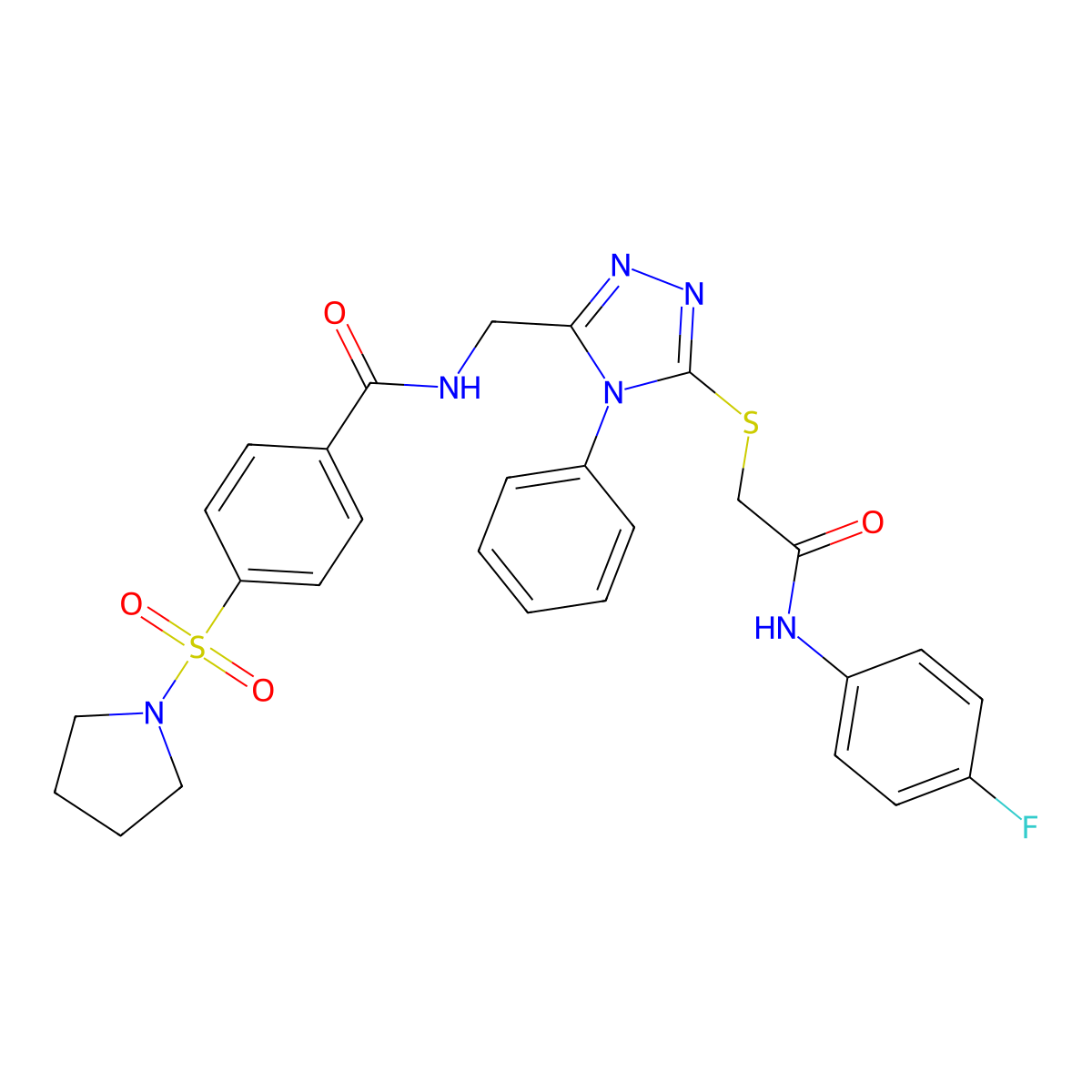 N-((5-((2-((4-fluorophenyl)amino)-2-oxoethyl)thio)-4-phenyl-4H-1,2,4-triazol-3-yl)methyl)-4-(pyrrolidin-1-ylsulfonyl)benzamide molecular structure, CAS 394213-51-5