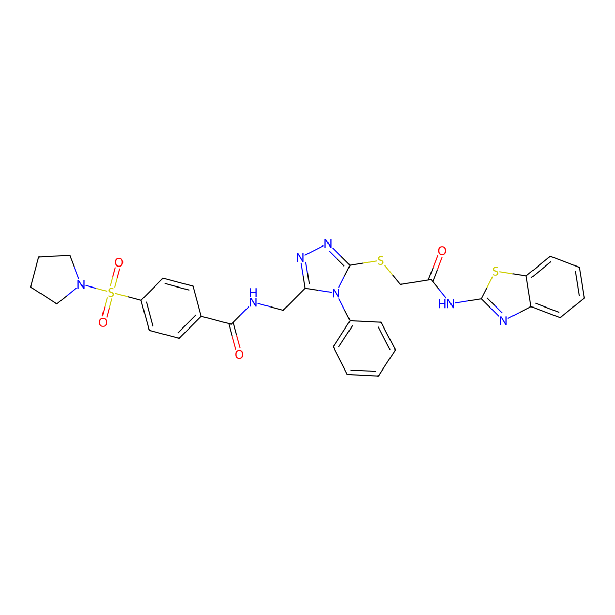 N-((5-((2-(benzo[d]thiazol-2-ylamino)-2-oxoethyl)thio)-4-phenyl-4H-1,2,4-triazol-3-yl)methyl)-4-(pyrrolidin-1-ylsulfonyl)benzamide molecular structure, CAS 394213-55-9