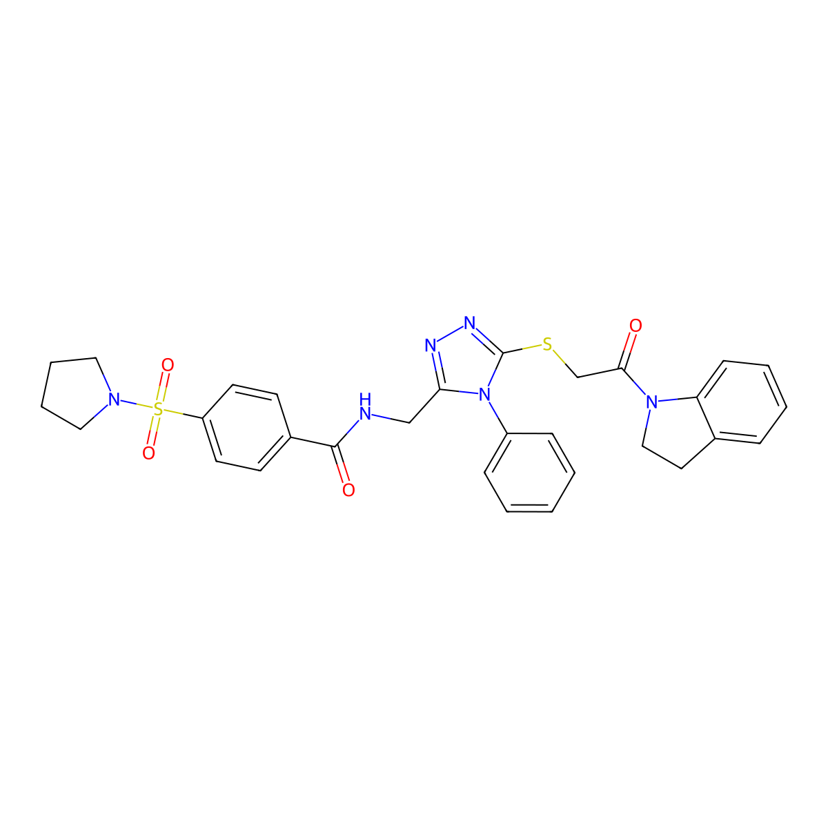 N-((5-((2-(indolin-1-yl)-2-oxoethyl)thio)-4-phenyl-4H-1,2,4-triazol-3-yl)methyl)-4-(pyrrolidin-1-ylsulfonyl)benzamide molecular structure, CAS 394213-58-2