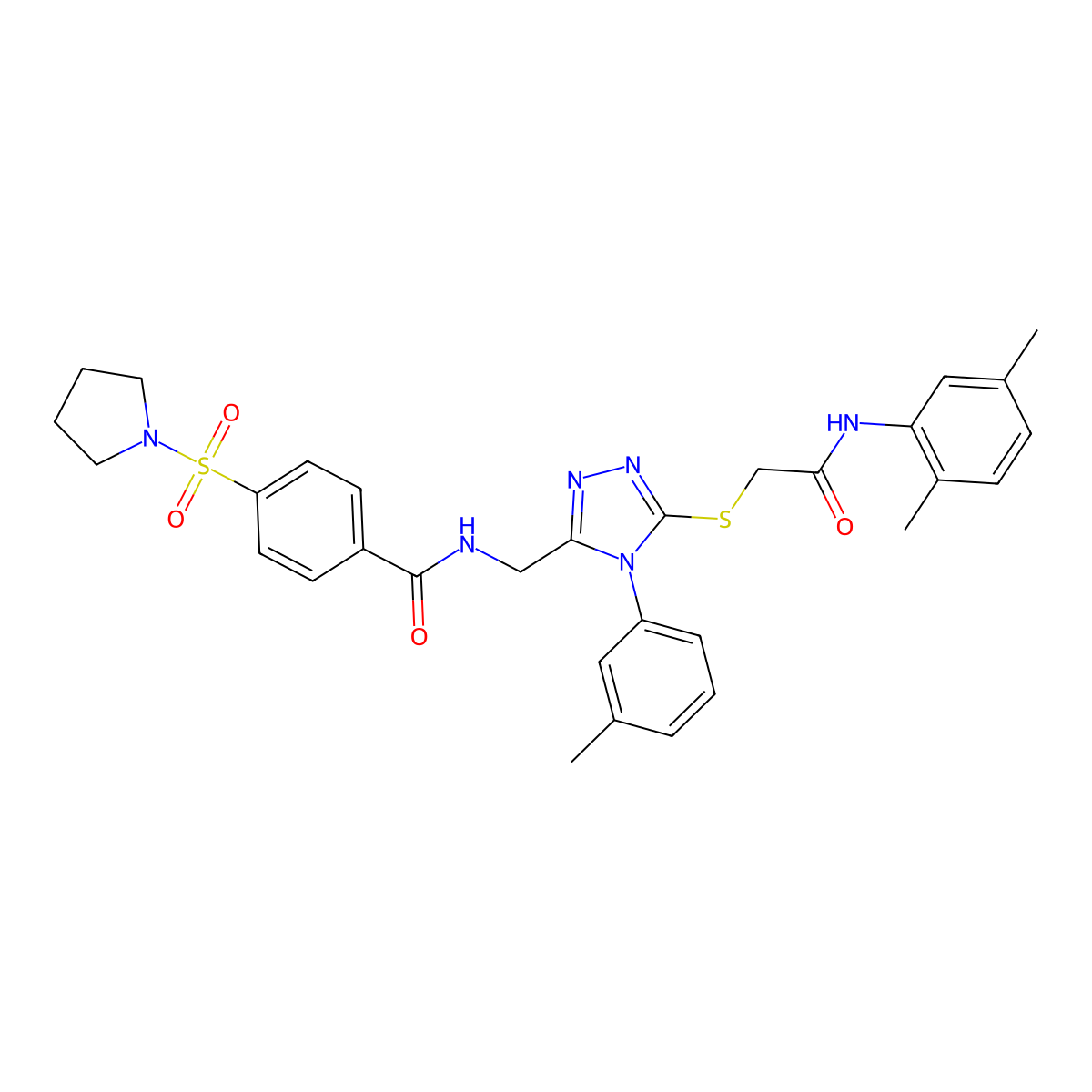 N-((5-((2-((2,5-dimethylphenyl)amino)-2-oxoethyl)thio)-4-(m-tolyl)-4H-1,2,4-triazol-3-yl)methyl)-4-(pyrrolidin-1-ylsulfonyl)benzamide molecular structure, CAS 394213-63-9
