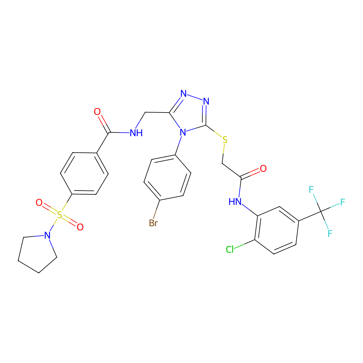 N-[[4-(4-bromophenyl)-5-[2-[2-chloro-5-(trifluoromethyl)anilino]-2-oxoethyl]sulfanyl-1,2,4-triazol-3-yl]methyl]-4-pyrrolidin-1-ylsulfonylbenzamide molecular structure, CAS 394213-71-9