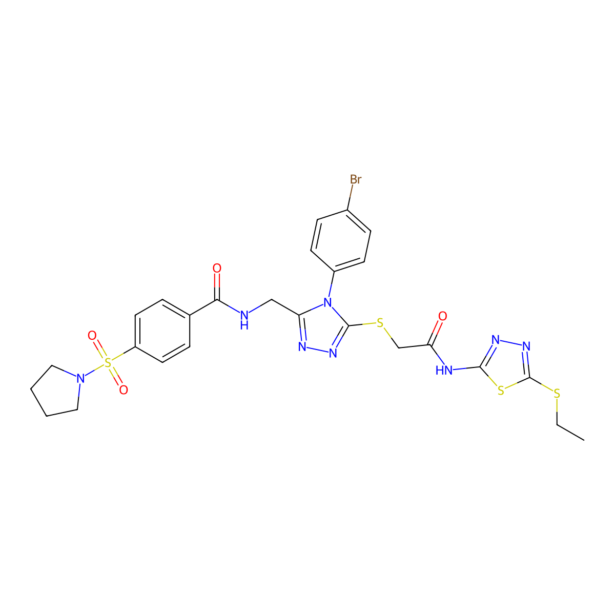 N-[[4-(4-bromophenyl)-5-[2-[(5-ethylsulfanyl-1,3,4-thiadiazol-2-yl)amino]-2-oxoethyl]sulfanyl-1,2,4-triazol-3-yl]methyl]-4-pyrrolidin-1-ylsulfonylbenzamide molecular structure, CAS 394213-79-7
