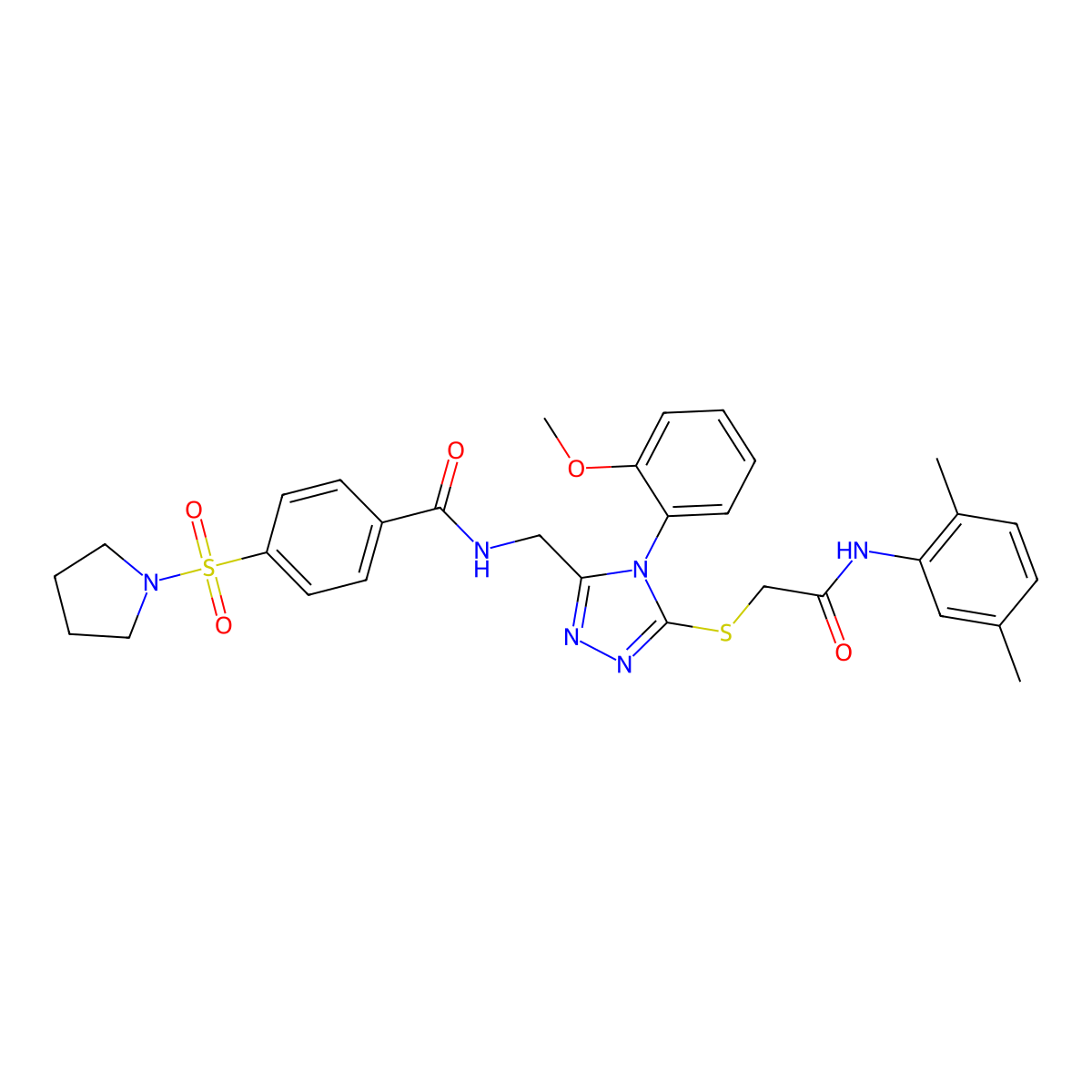 N-((5-((2-((2,5-dimethylphenyl)amino)-2-oxoethyl)thio)-4-(2-methoxyphenyl)-4H-1,2,4-triazol-3-yl)methyl)-4-(pyrrolidin-1-ylsulfonyl)benzamide molecular structure, CAS 394213-93-5