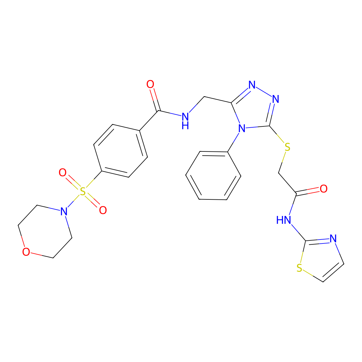 4-(morpholinosulfonyl)-N-((5-((2-oxo-2-(thiazol-2-ylamino)ethyl)thio)-4-phenyl-4H-1,2,4-triazol-3-yl)methyl)benzamide molecular structure, CAS 394214-14-3