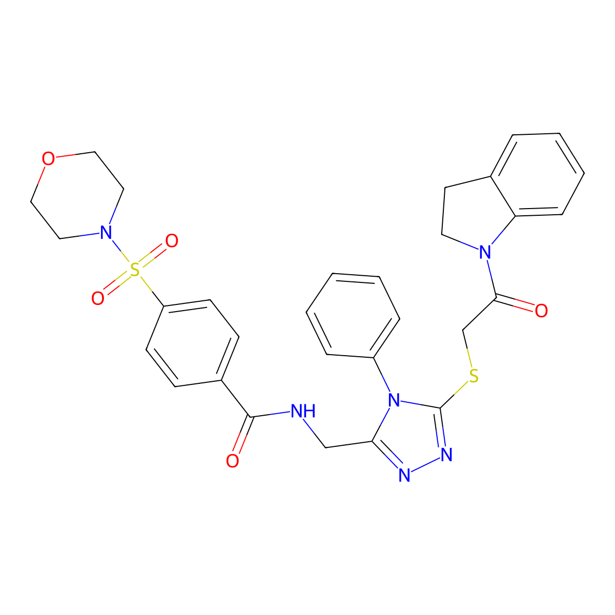 N-((5-((2-(indolin-1-yl)-2-oxoethyl)thio)-4-phenyl-4H-1,2,4-triazol-3-yl)methyl)-4-(morpholinosulfonyl)benzamide molecular structure, CAS 394214-17-6