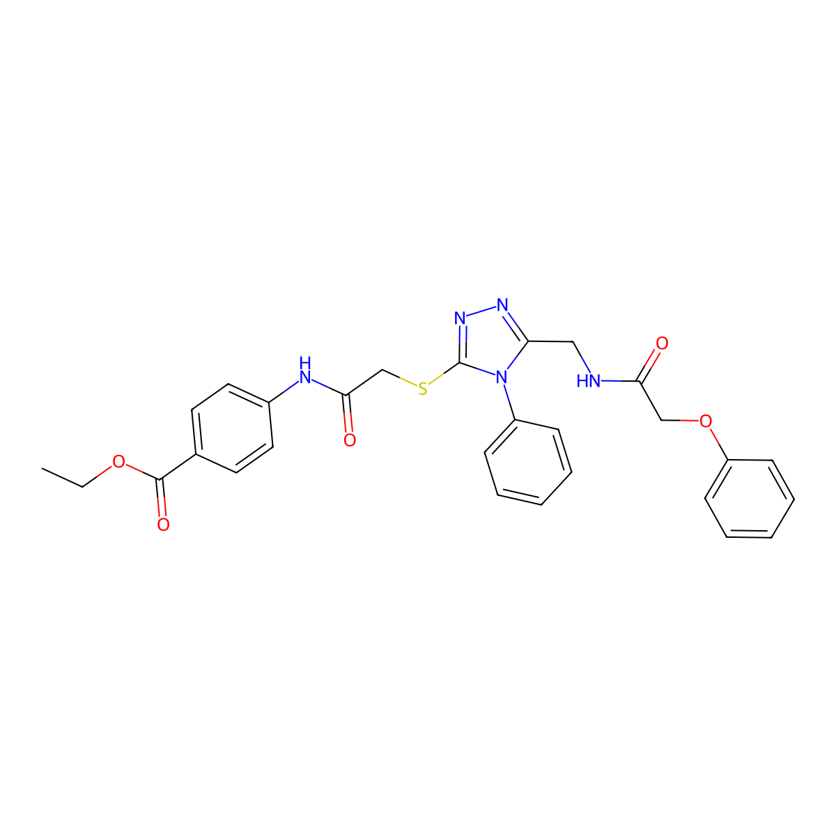 Ethyl 4-[[2-[[5-[[(2-phenoxyacetyl)amino]methyl]-4-phenyl-1,2,4-triazol-3-yl]sulfanyl]acetyl]amino]benzoate molecular structure, CAS 394214-49-4