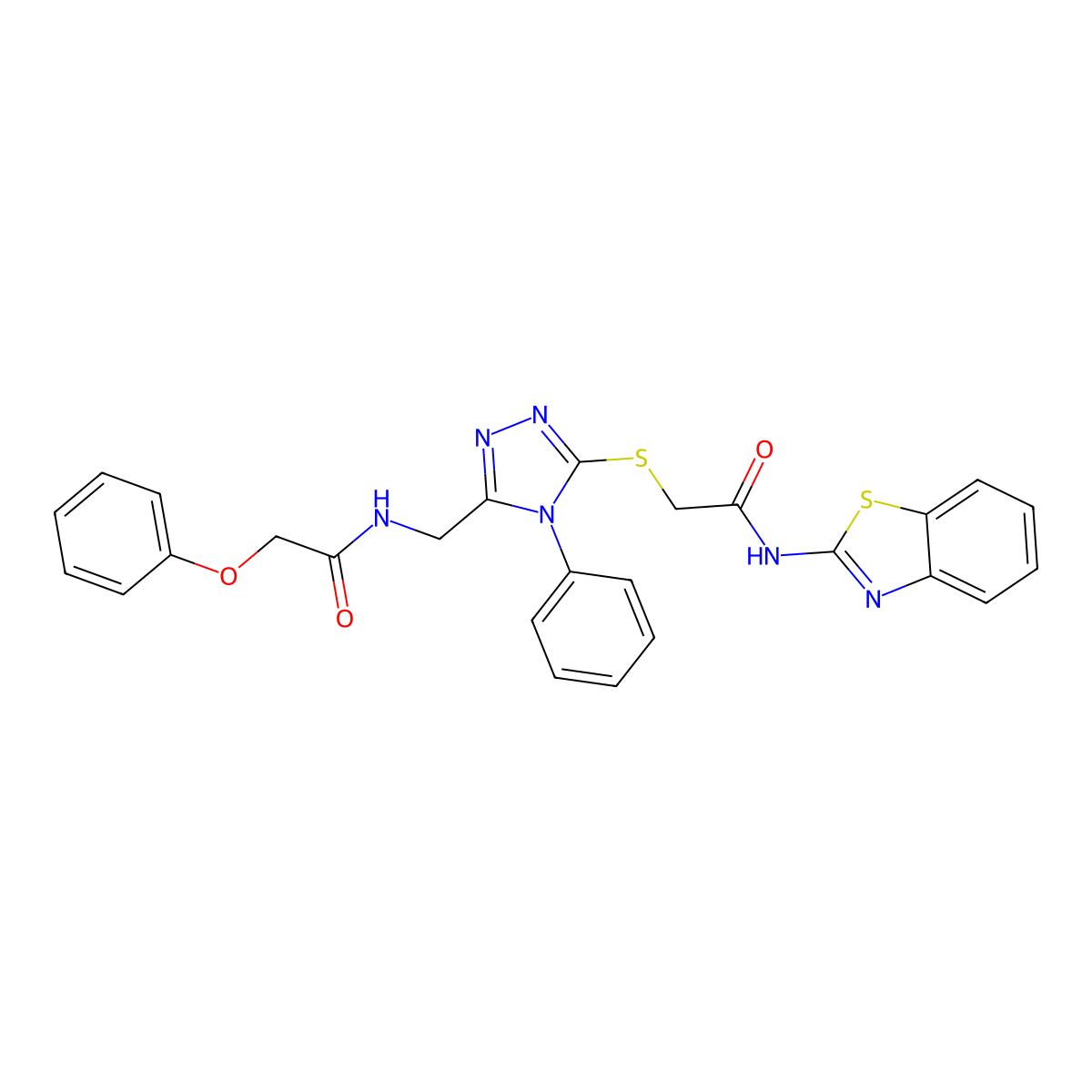 N-(benzo[d]thiazol-2-yl)-2-((5-((2-phenoxyacetamido)methyl)-4-phenyl-4H-1,2,4-triazol-3-yl)thio)acetamide molecular structure, CAS 394214-50-7