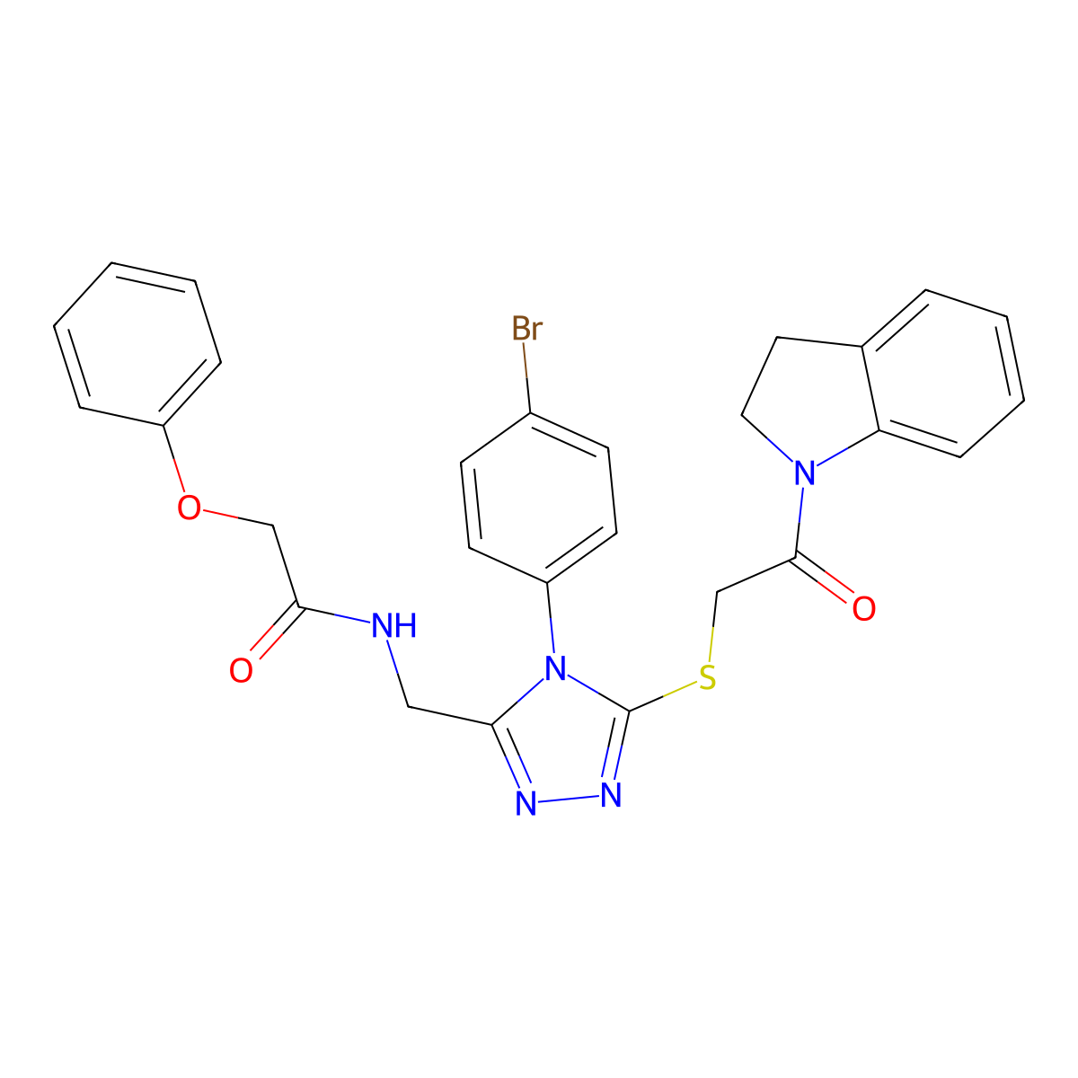 N-((4-(4-bromophenyl)-5-((2-(indolin-1-yl)-2-oxoethyl)thio)-4H-1,2,4-triazol-3-yl)methyl)-2-phenoxyacetamide molecular structure, CAS 394214-75-6