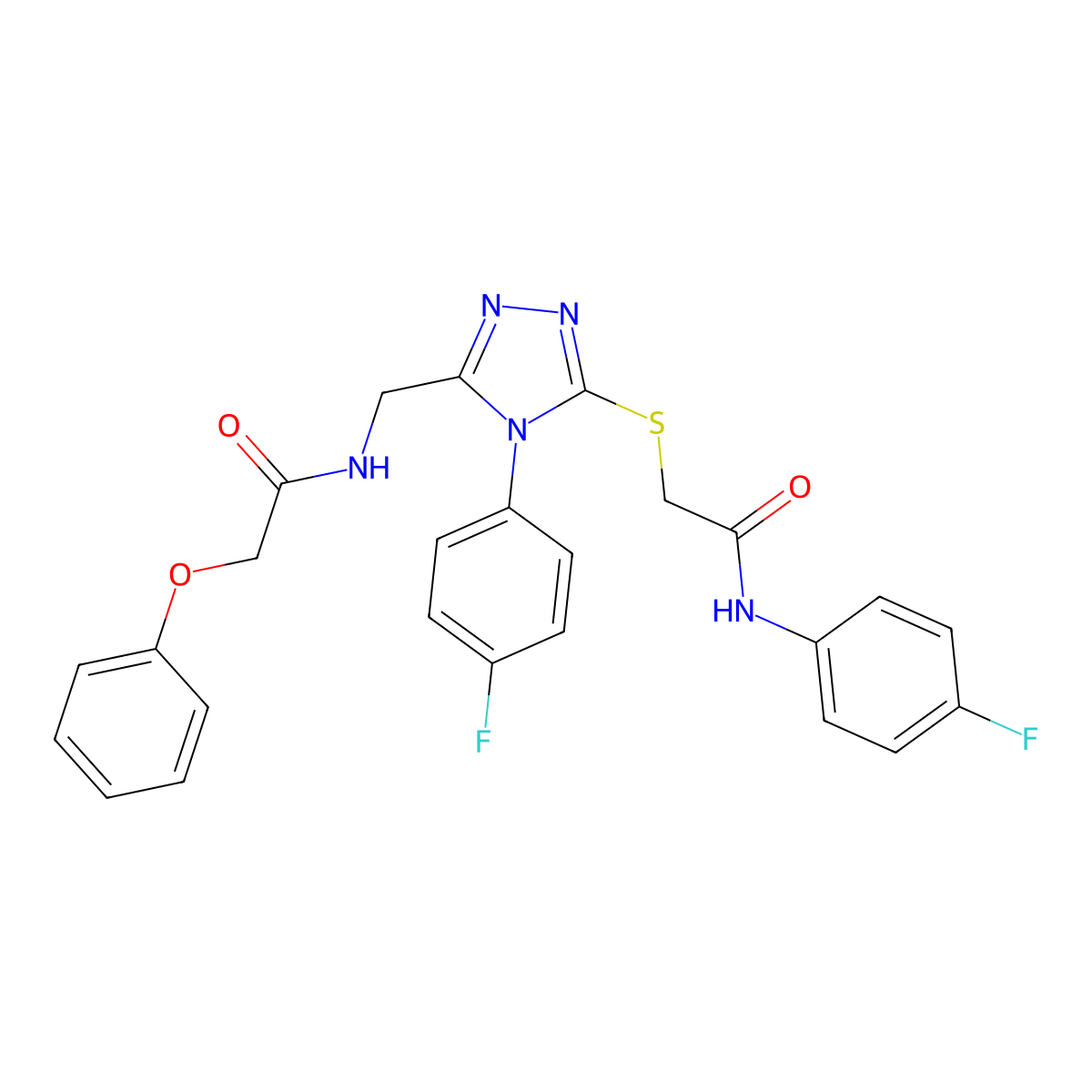 N-(4-fluorophenyl)-2-((4-(4-fluorophenyl)-5-((2-phenoxyacetamido)methyl)-4H-1,2,4-triazol-3-yl)thio)acetamide molecular structure, CAS 394214-79-0