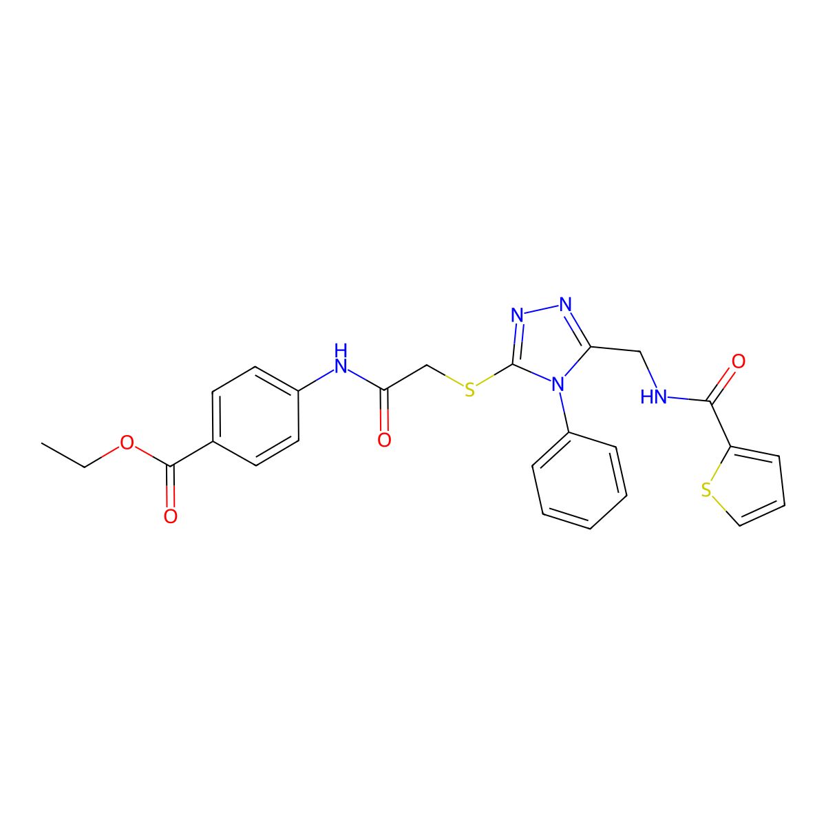 Ethyl 4-[[2-[[4-phenyl-5-[(thiophene-2-carbonylamino)methyl]-1,2,4-triazol-3-yl]sulfanyl]acetyl]amino]benzoate molecular structure, CAS 394215-11-3