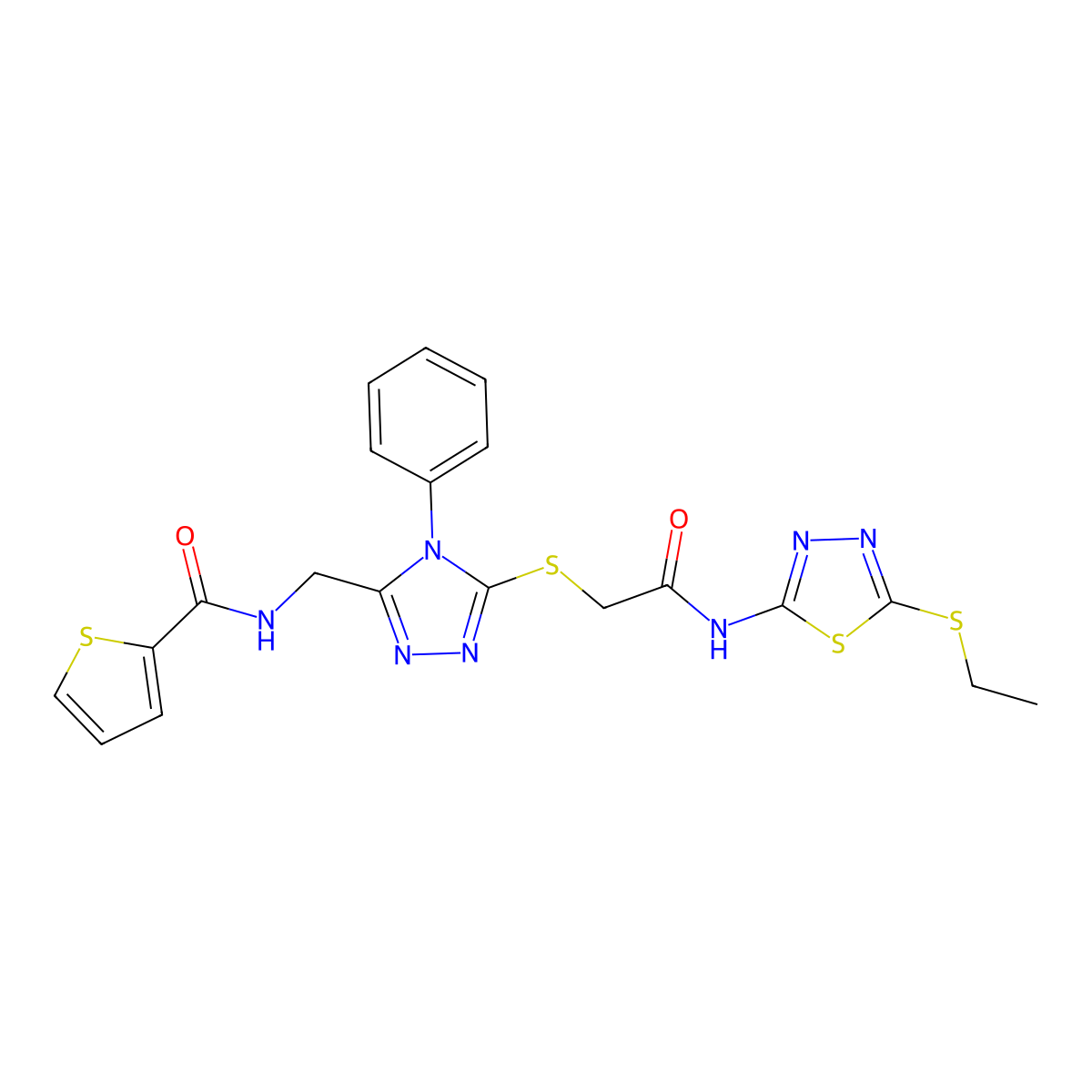 N-((5-((2-((5-(ethylthio)-1,3,4-thiadiazol-2-yl)amino)-2-oxoethyl)thio)-4-phenyl-4H-1,2,4-triazol-3-yl)methyl)thiophene-2-carboxamide molecular structure, CAS 394215-14-6